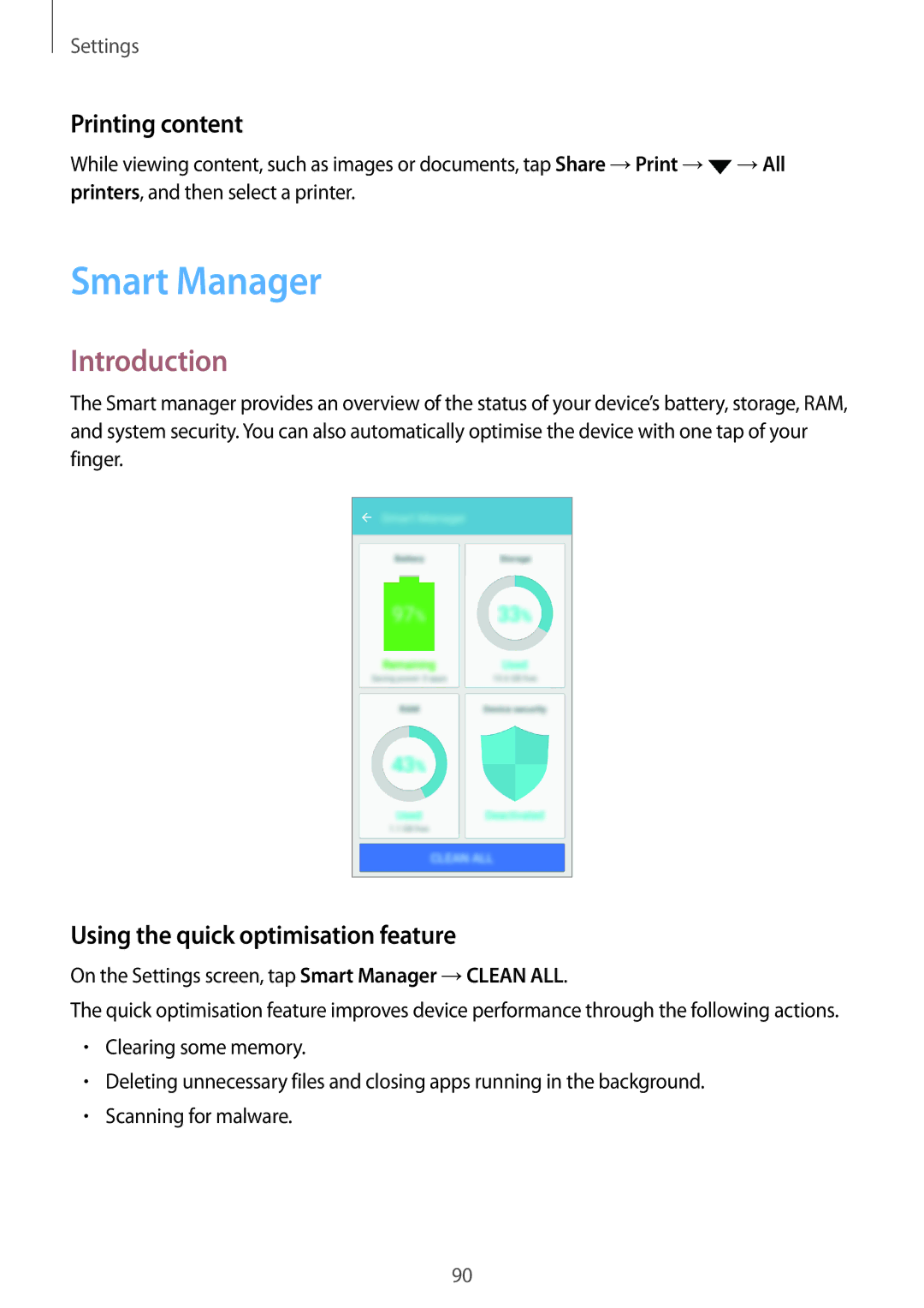 Samsung SM-J510FZKAILO, SM-J510FZKNOPT manual Smart Manager, Printing content, Using the quick optimisation feature 