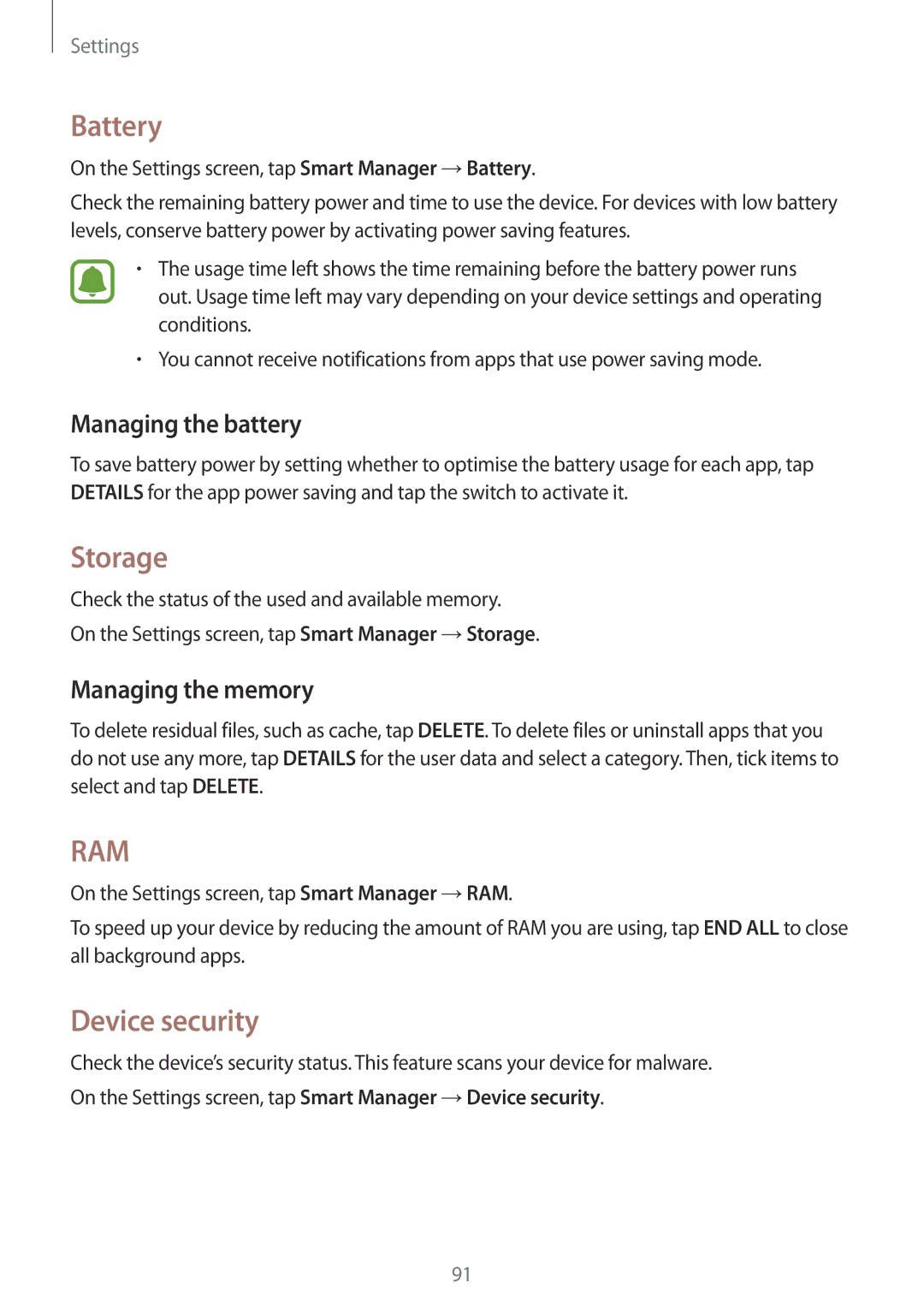 Samsung SM-J510FZDUXEH, SM-J510FZKNOPT manual Battery, Storage, Device security, Managing the battery, Managing the memory 