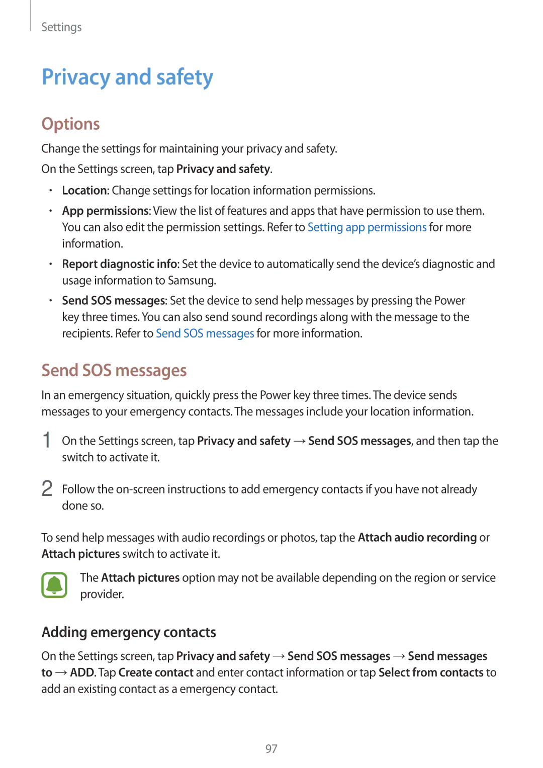 Samsung SM-J510FZKNOPT, SM-J510FZDNMEO, SM-J510FZDNATO Privacy and safety, Send SOS messages, Adding emergency contacts 