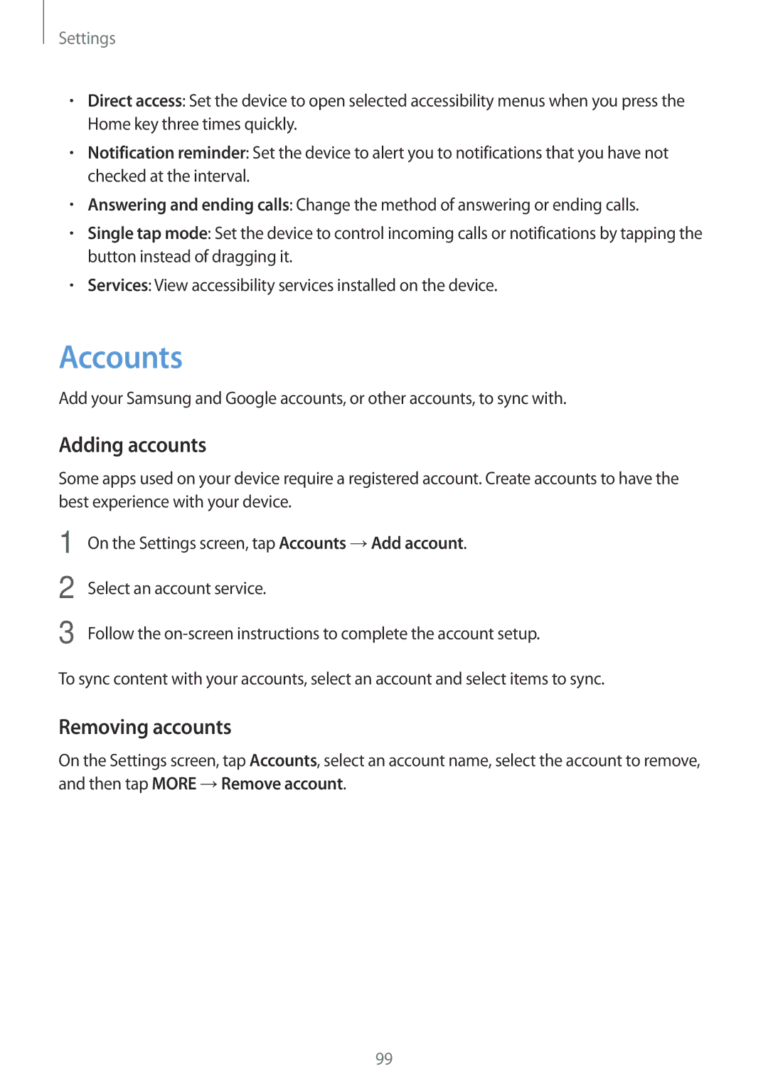 Samsung SM-J510FZDNATO, SM-J510FZKNOPT, SM-J510FZDNMEO, SM-J510FZDNEUR manual Accounts, Adding accounts, Removing accounts 