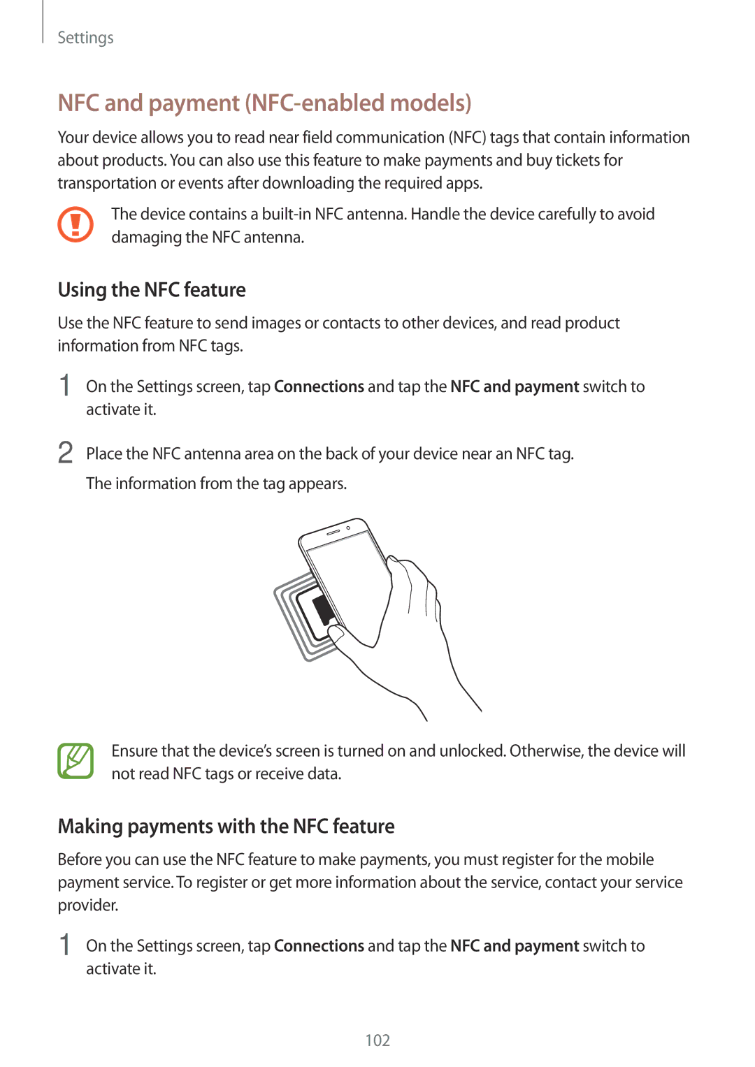 Samsung SM-J510FZKUNEE NFC and payment NFC-enabled models, Using the NFC feature, Making payments with the NFC feature 