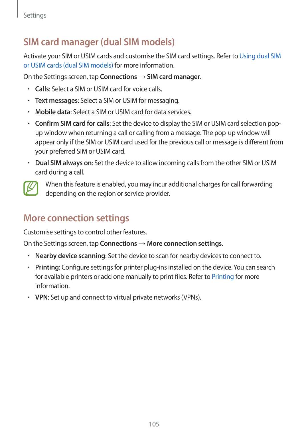 Samsung SM-J510FZDNNEE, SM-J510FZKNOPT, SM-J510FZDNMEO manual SIM card manager dual SIM models, More connection settings 