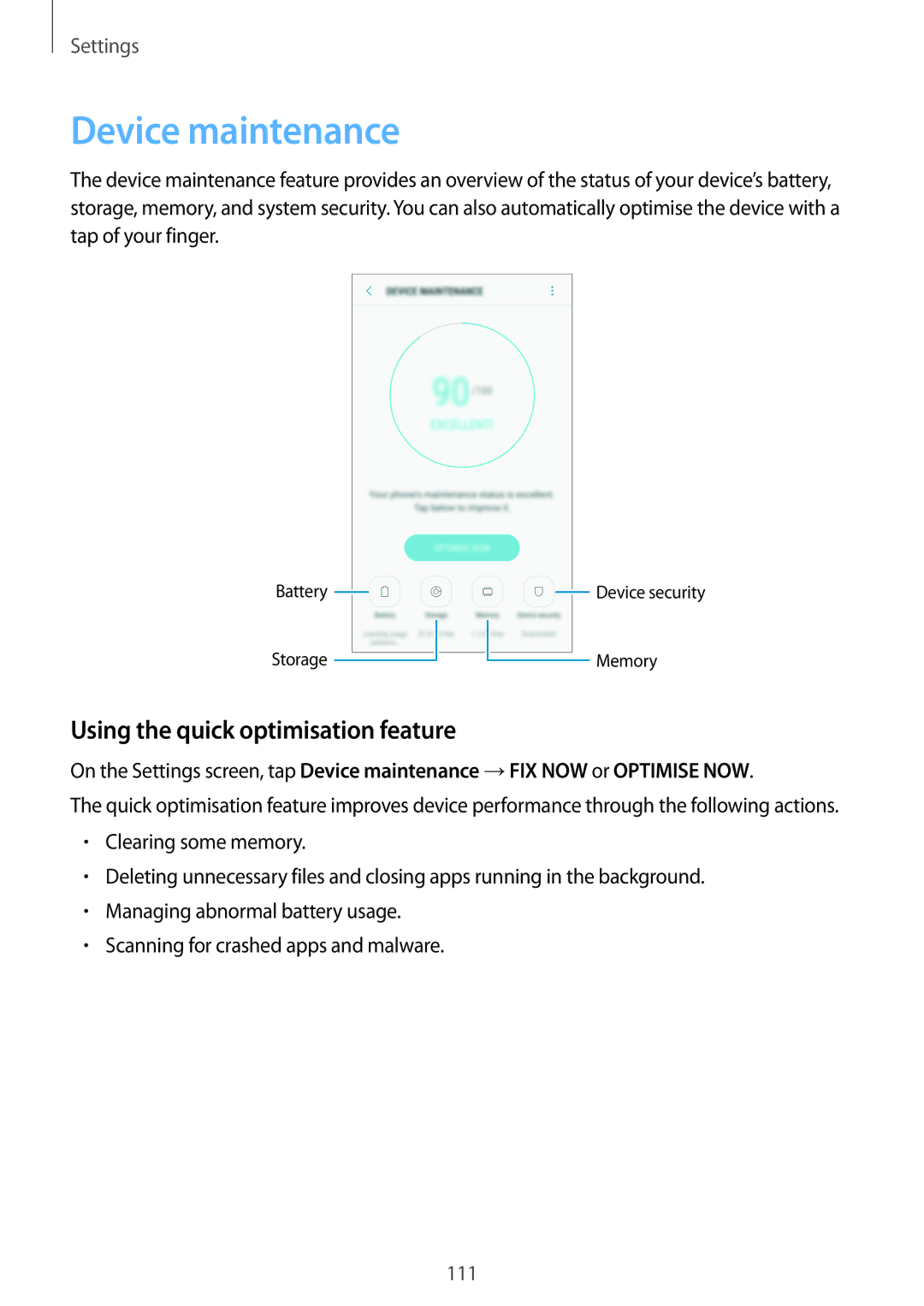 Samsung SM-J710FZKNEUR, SM-J510FZKNOPT, SM-J510FZDNMEO manual Device maintenance, Using the quick optimisation feature 