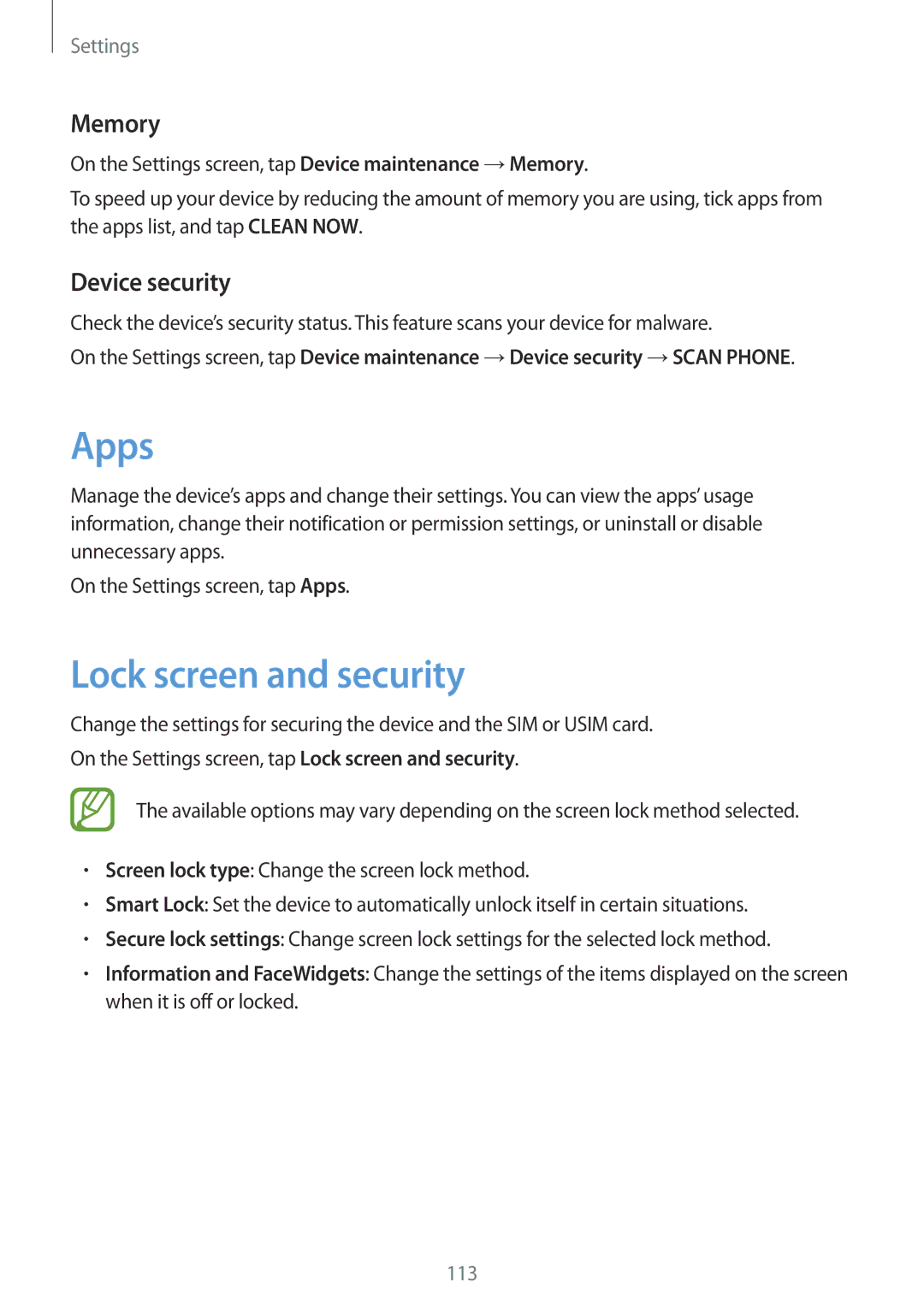 Samsung SM-J510FZWUEUR, SM-J510FZKNOPT, SM-J510FZDNMEO manual Apps, Lock screen and security, Memory, Device security 