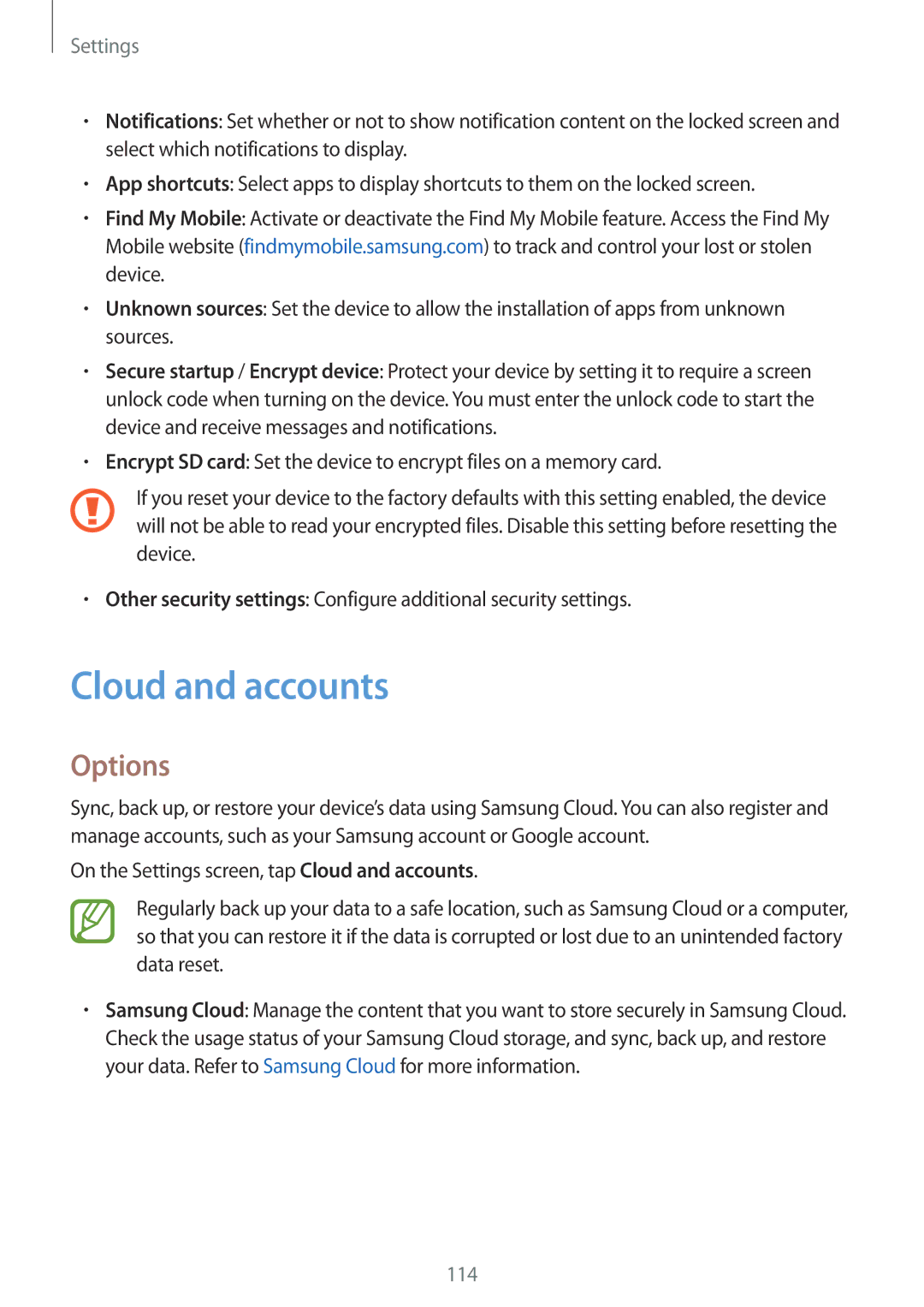 Samsung SM-J510FZKUEUR, SM-J510FZKNOPT, SM-J510FZDNMEO, SM-J510FZDNATO, SM-J510FZDNEUR manual Cloud and accounts, Options 