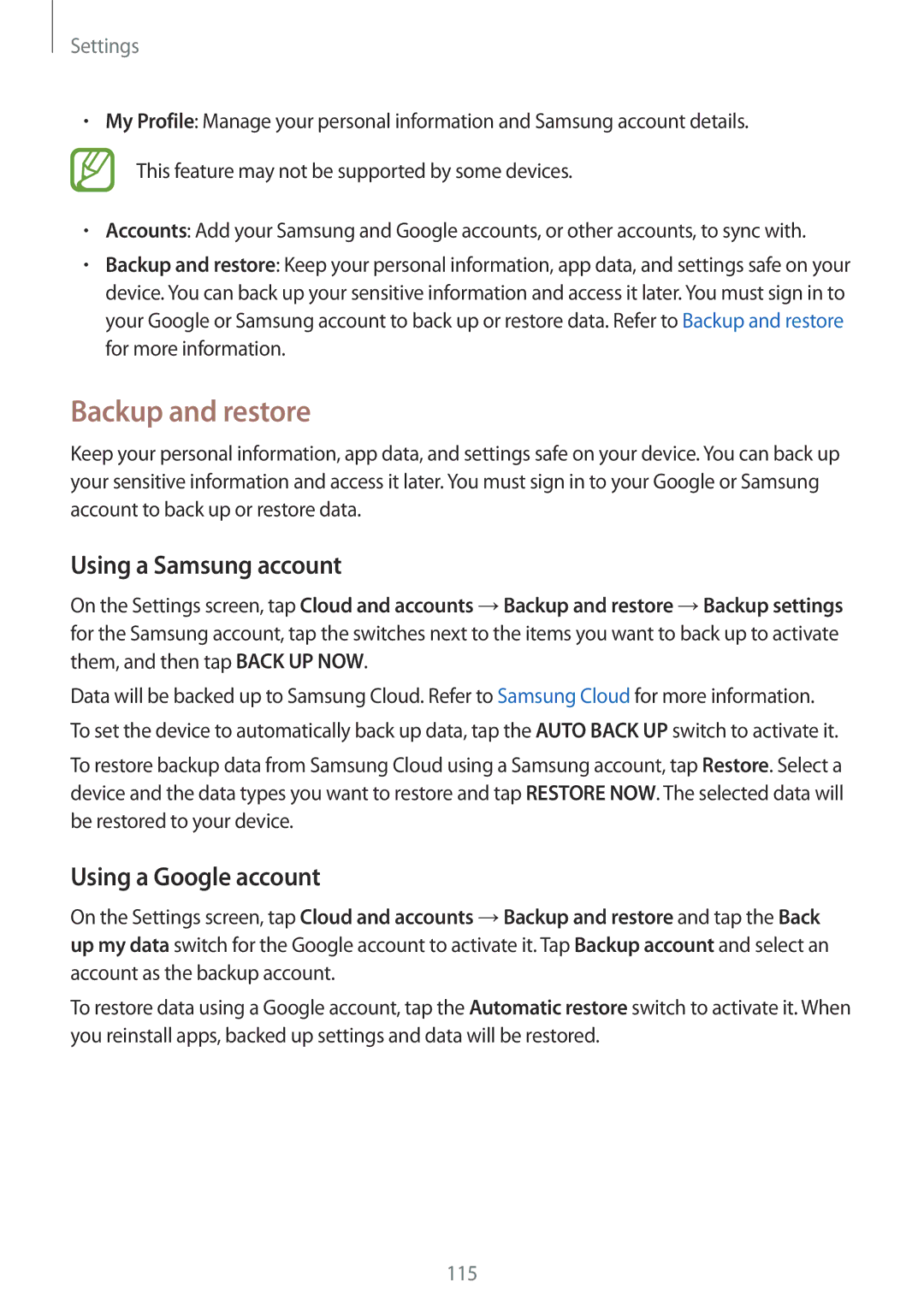 Samsung SM-J710FZWAILO, SM-J510FZKNOPT, SM-J510FZDNMEO Backup and restore, Using a Samsung account, Using a Google account 