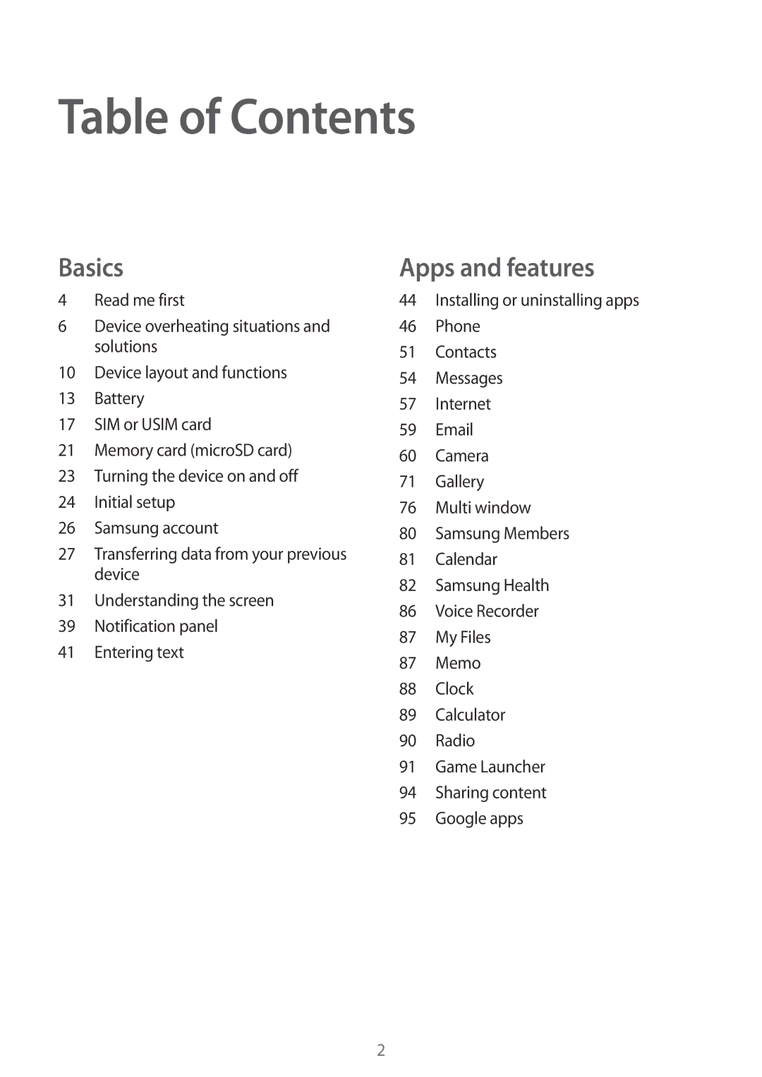 Samsung SM-J510FZDNATO, SM-J510FZKNOPT, SM-J510FZDNMEO, SM-J510FZDNEUR, SM-J510FZDNVGR, SM-J510FZWNVGR manual Table of Contents 