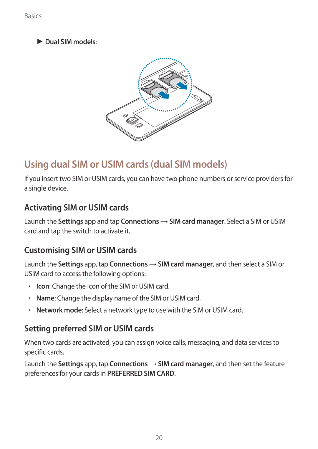 Samsung SM-J510FZKNVGR manual Using dual SIM or Usim cards dual SIM models, Activating SIM or Usim cards, Dual SIM models 