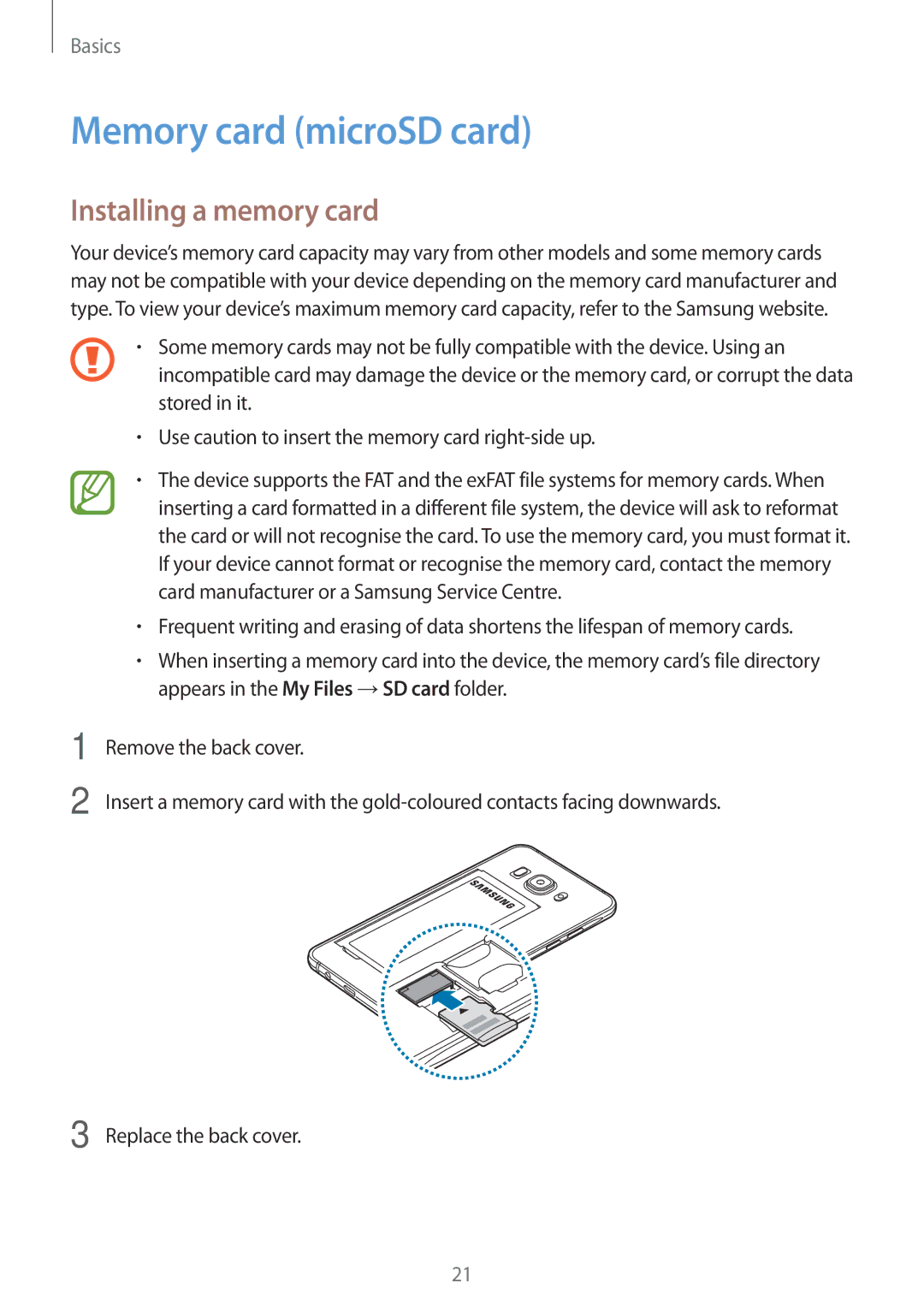 Samsung SM-J510FZDNTCL, SM-J510FZKNOPT, SM-J510FZDNMEO, SM-J510FZDNATO Memory card microSD card, Installing a memory card 