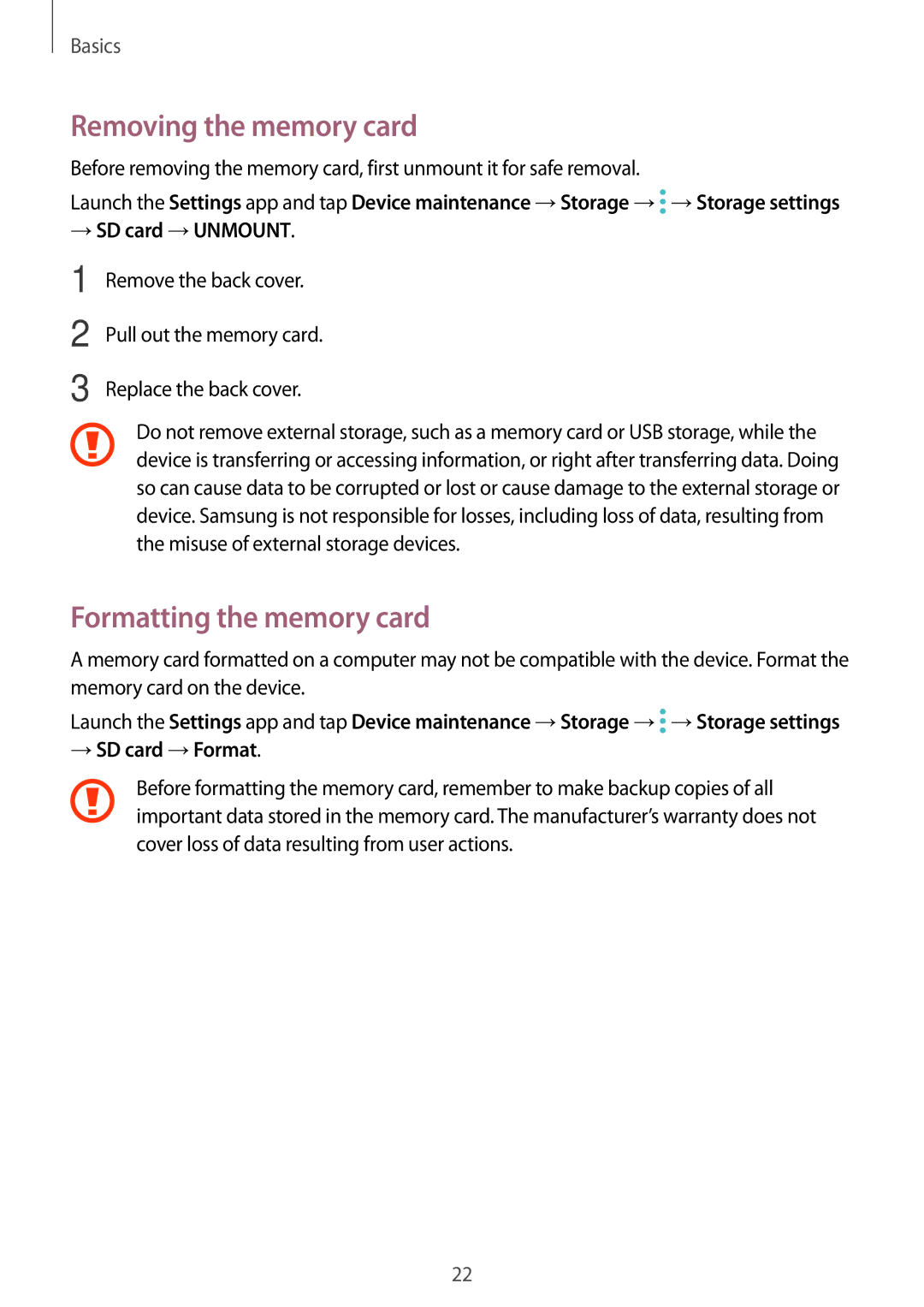 Samsung SM-J510FZDNDDE manual Removing the memory card, Formatting the memory card, → SD card →UNMOUNT, → SD card →Format 