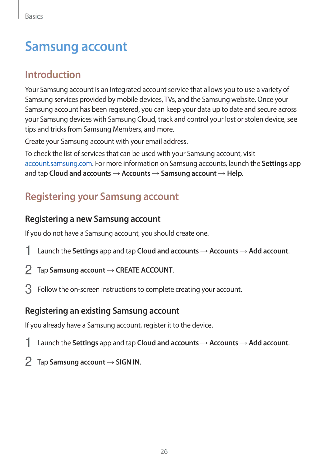 Samsung SM-J510FZKNTCL manual Introduction, Registering your Samsung account, Registering a new Samsung account 