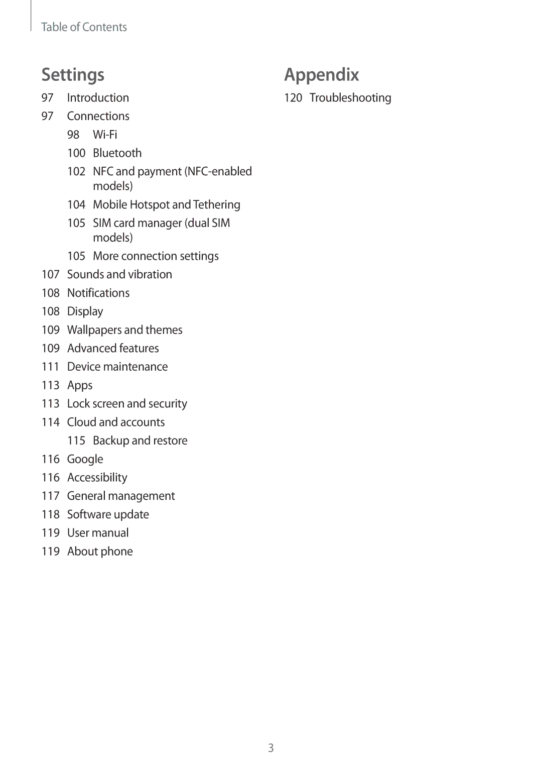 Samsung SM-J510FZDNEUR, SM-J510FZKNOPT, SM-J510FZDNMEO, SM-J510FZDNATO, SM-J510FZDNVGR, SM-J510FZWNVGR manual Settings Appendix 