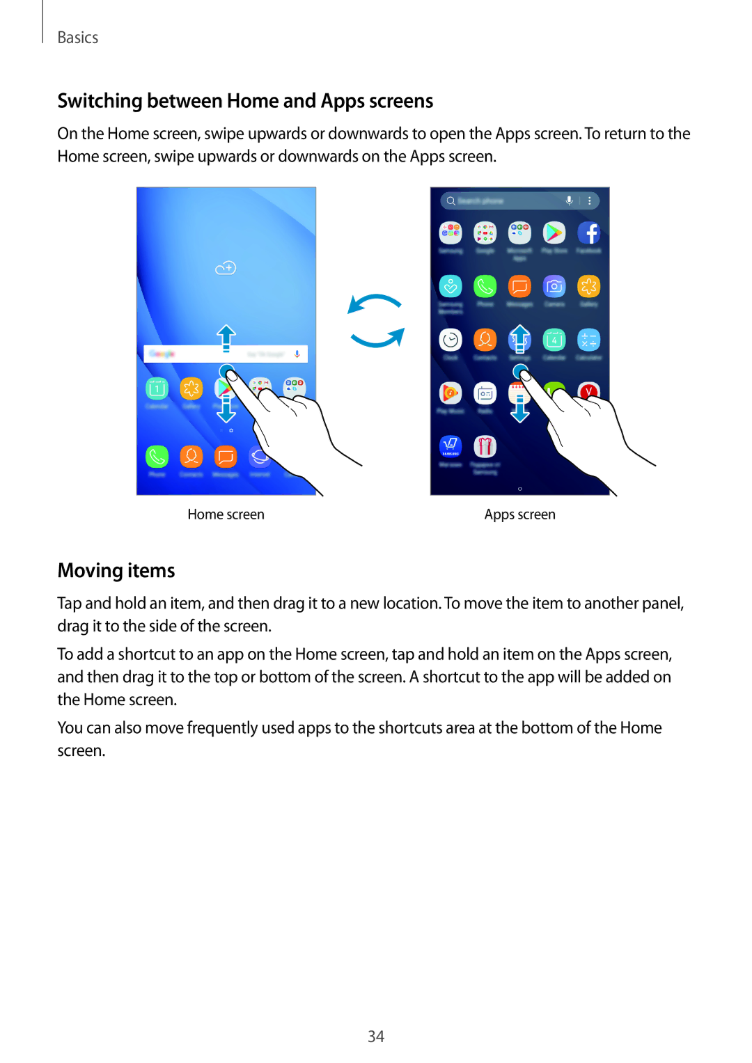 Samsung SM-J710FZKNXEF, SM-J510FZKNOPT, SM-J510FZDNMEO, SM-J510FZDNATO Switching between Home and Apps screens, Moving items 