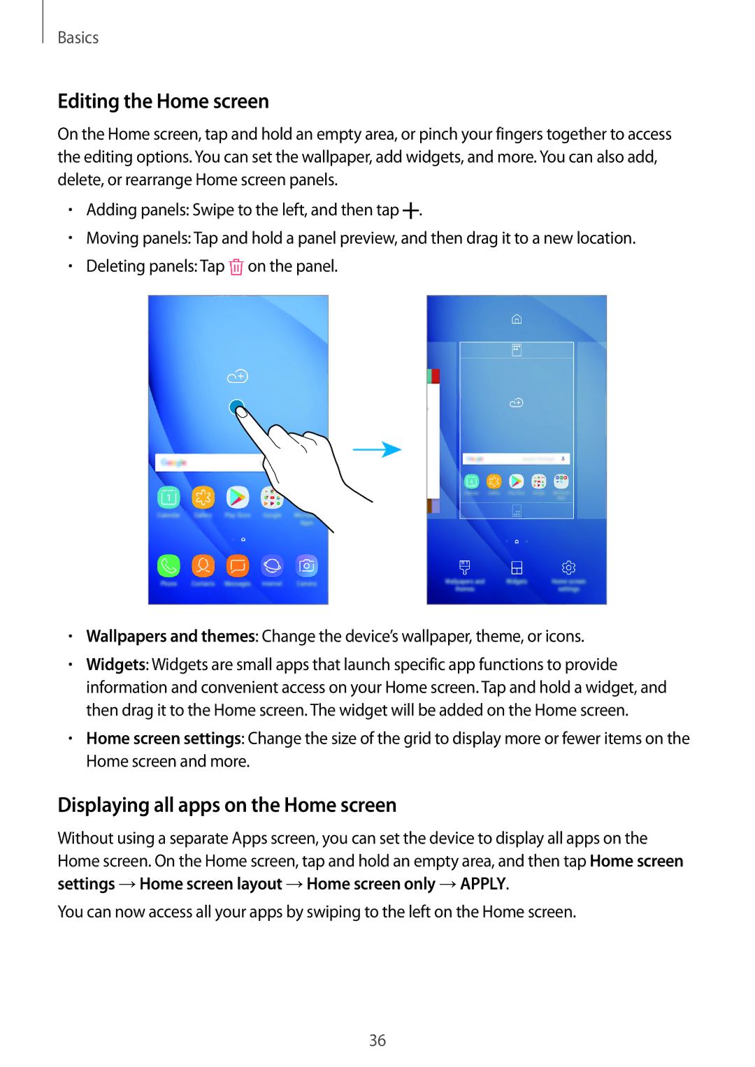 Samsung SM-J510FZWNITV, SM-J510FZKNOPT, SM-J510FZDNMEO manual Editing the Home screen, Displaying all apps on the Home screen 