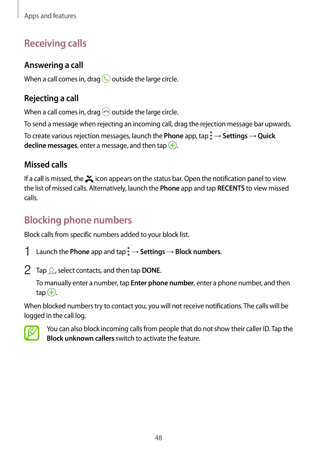 Samsung SM-J510FZKUPHE manual Receiving calls, Blocking phone numbers, Answering a call, Rejecting a call, Missed calls 