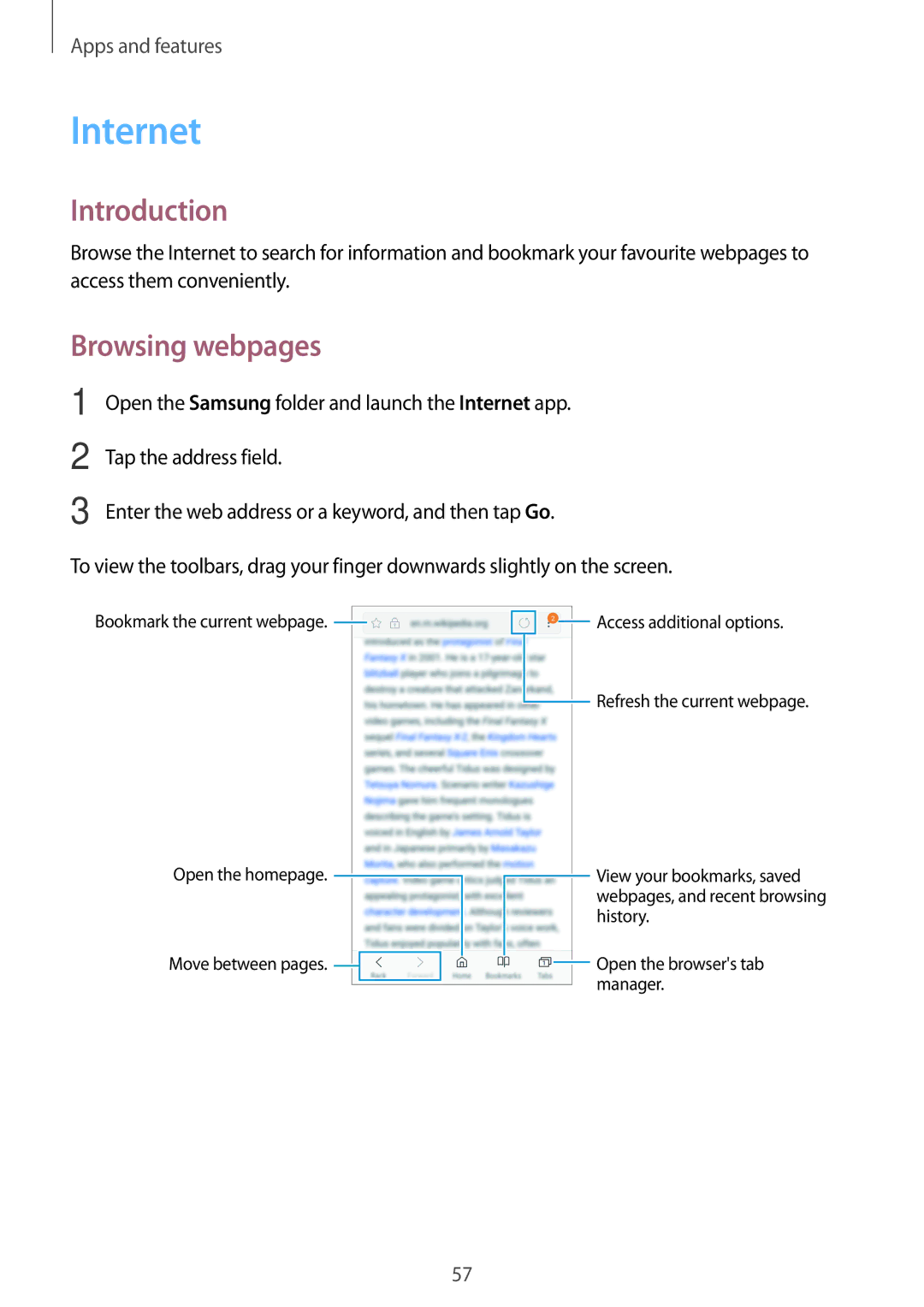 Samsung SM-J510FZKDKSA, SM-J510FZKNOPT, SM-J510FZDNMEO, SM-J510FZDNATO, SM-J510FZDNEUR manual Internet, Browsing webpages 