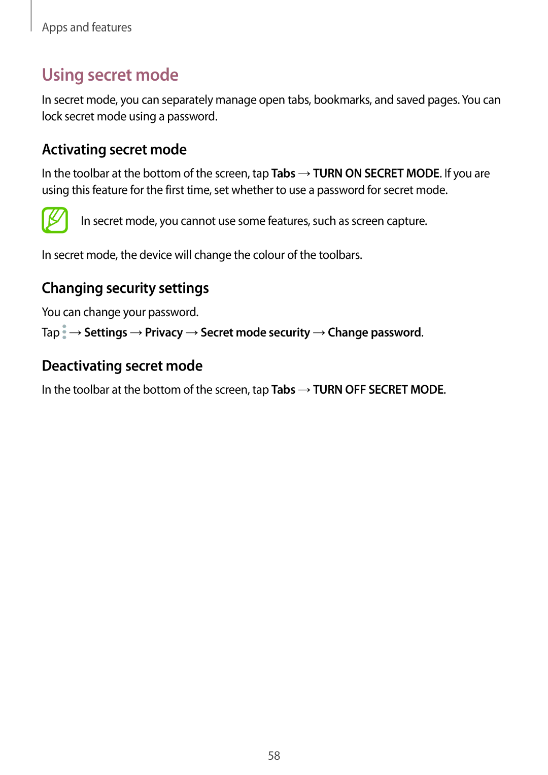 Samsung SM-J510FZKUXXV Using secret mode, Activating secret mode, Changing security settings, Deactivating secret mode 