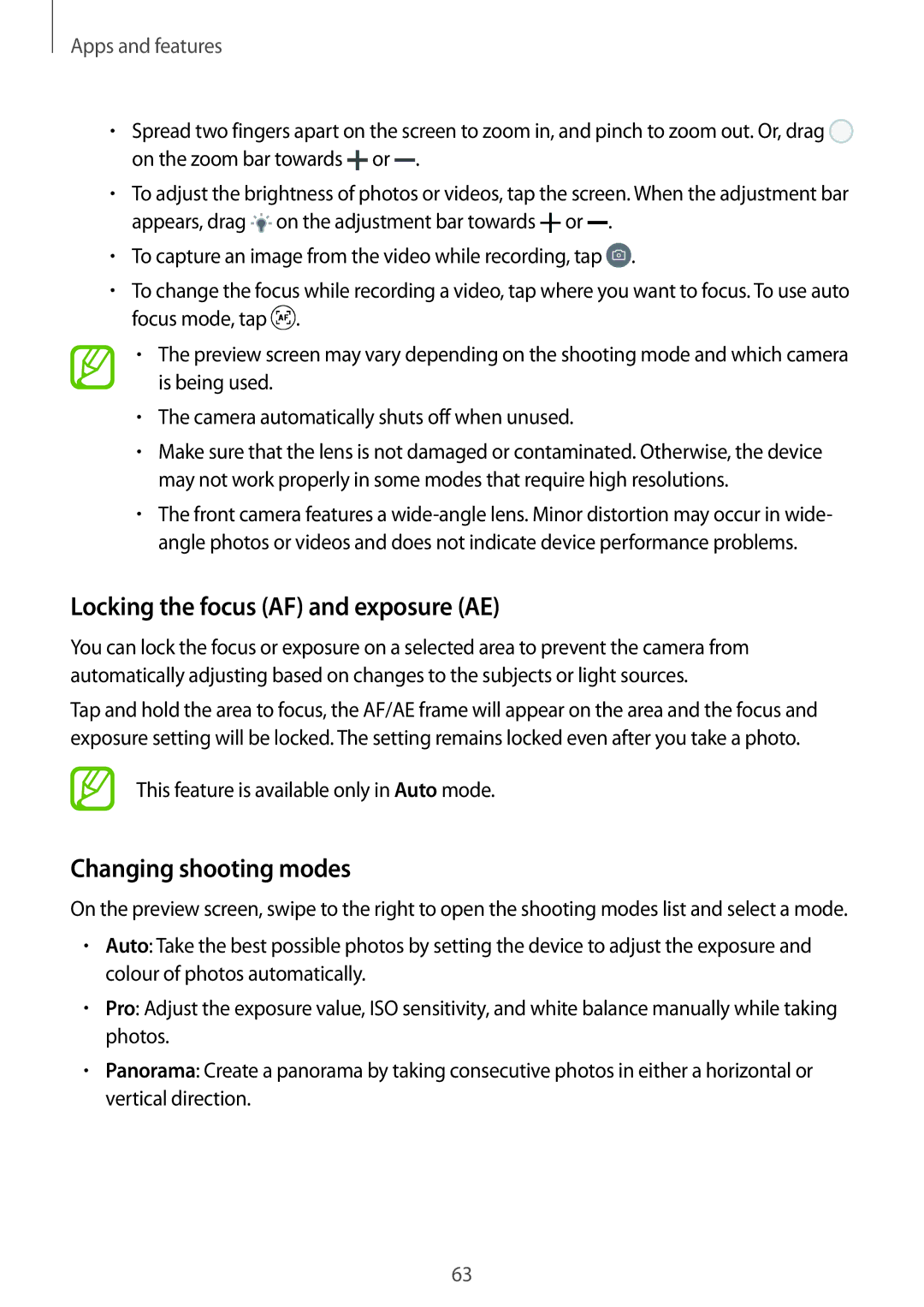 Samsung SM-J710FZWUXXV, SM-J510FZKNOPT, SM-J510FZDNMEO manual Locking the focus AF and exposure AE, Changing shooting modes 