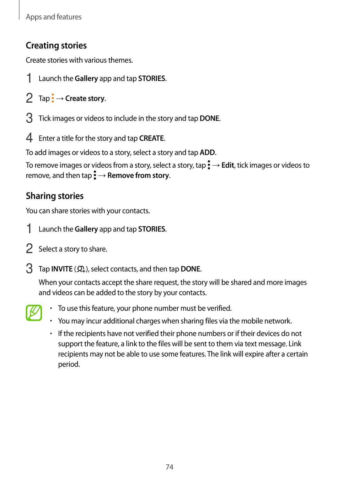 Samsung SM-J510FZWNO2C, SM-J510FZKNOPT, SM-J510FZDNMEO, SM-J510FZDNATO Creating stories, Sharing stories, Tap →Create story 