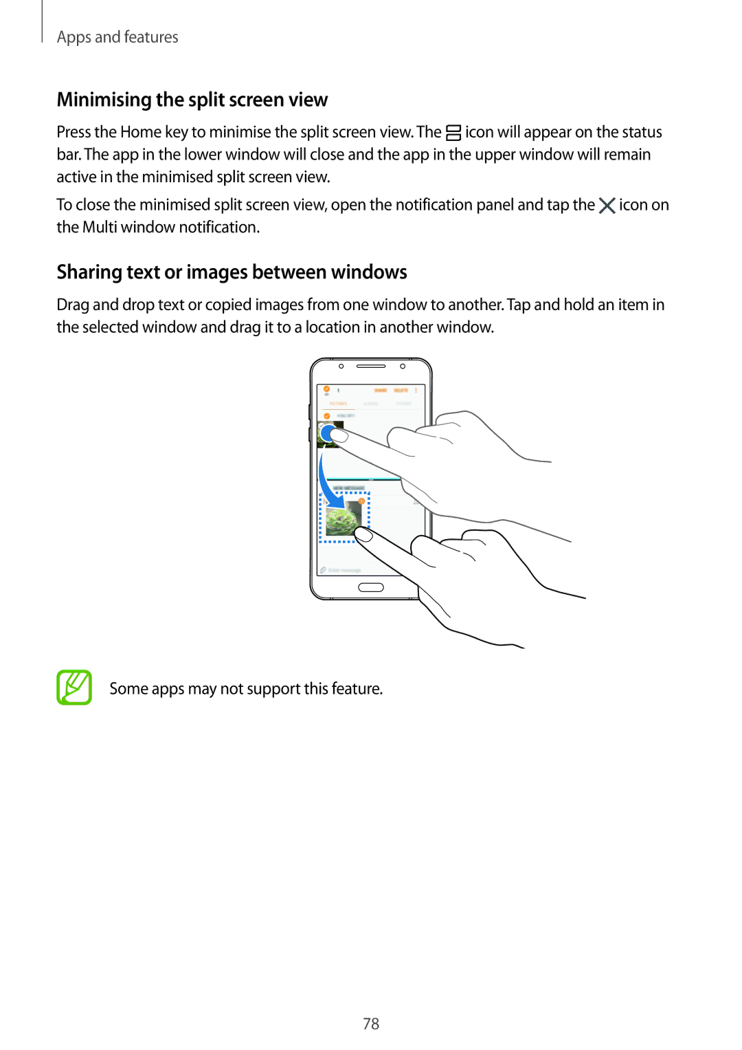 Samsung SM-J510FZDNTTR, SM-J510FZKNOPT manual Minimising the split screen view, Sharing text or images between windows 