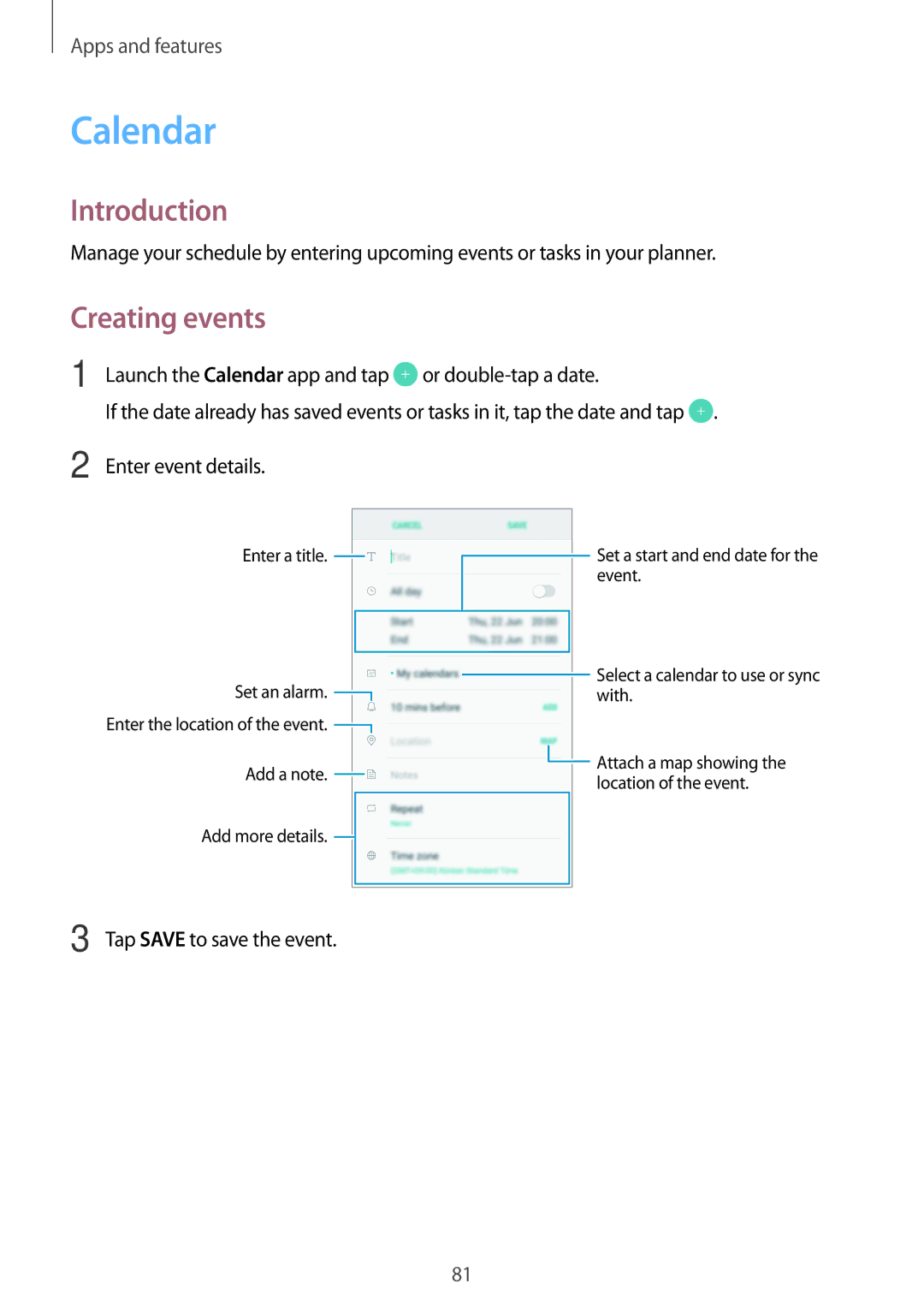 Samsung SM-J510FZKUETL, SM-J510FZKNOPT, SM-J510FZDNMEO, SM-J510FZDNATO, SM-J510FZDNEUR manual Calendar, Creating events 