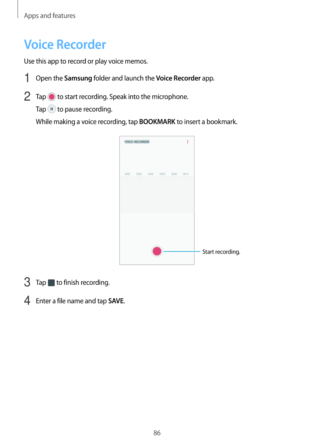 Samsung SM2J510FZWNVDH, SM-J510FZKNOPT, SM-J510FZDNMEO, SM-J510FZDNATO, SM-J510FZDNEUR, SM-J510FZDNVGR manual Voice Recorder 