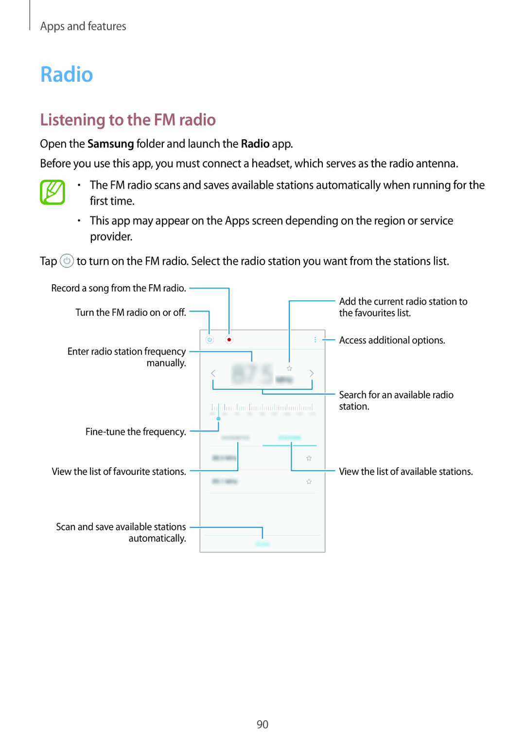 Samsung SM2J510FZDNPAN, SM-J510FZKNOPT, SM-J510FZDNMEO, SM-J510FZDNATO, SM-J510FZDNEUR manual Radio, Listening to the FM radio 