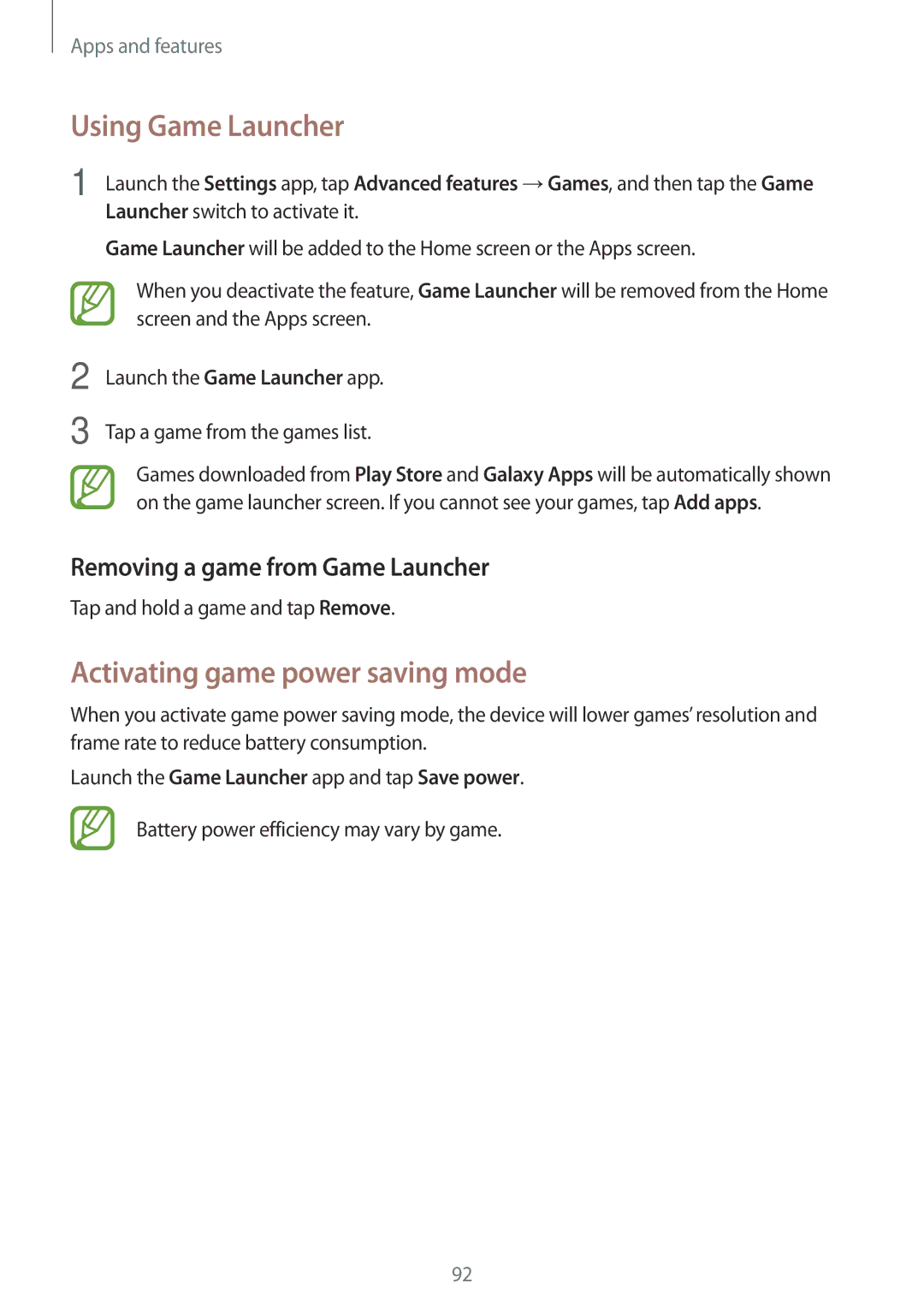 Samsung SM2J510FZKNVDC manual Using Game Launcher, Activating game power saving mode, Removing a game from Game Launcher 