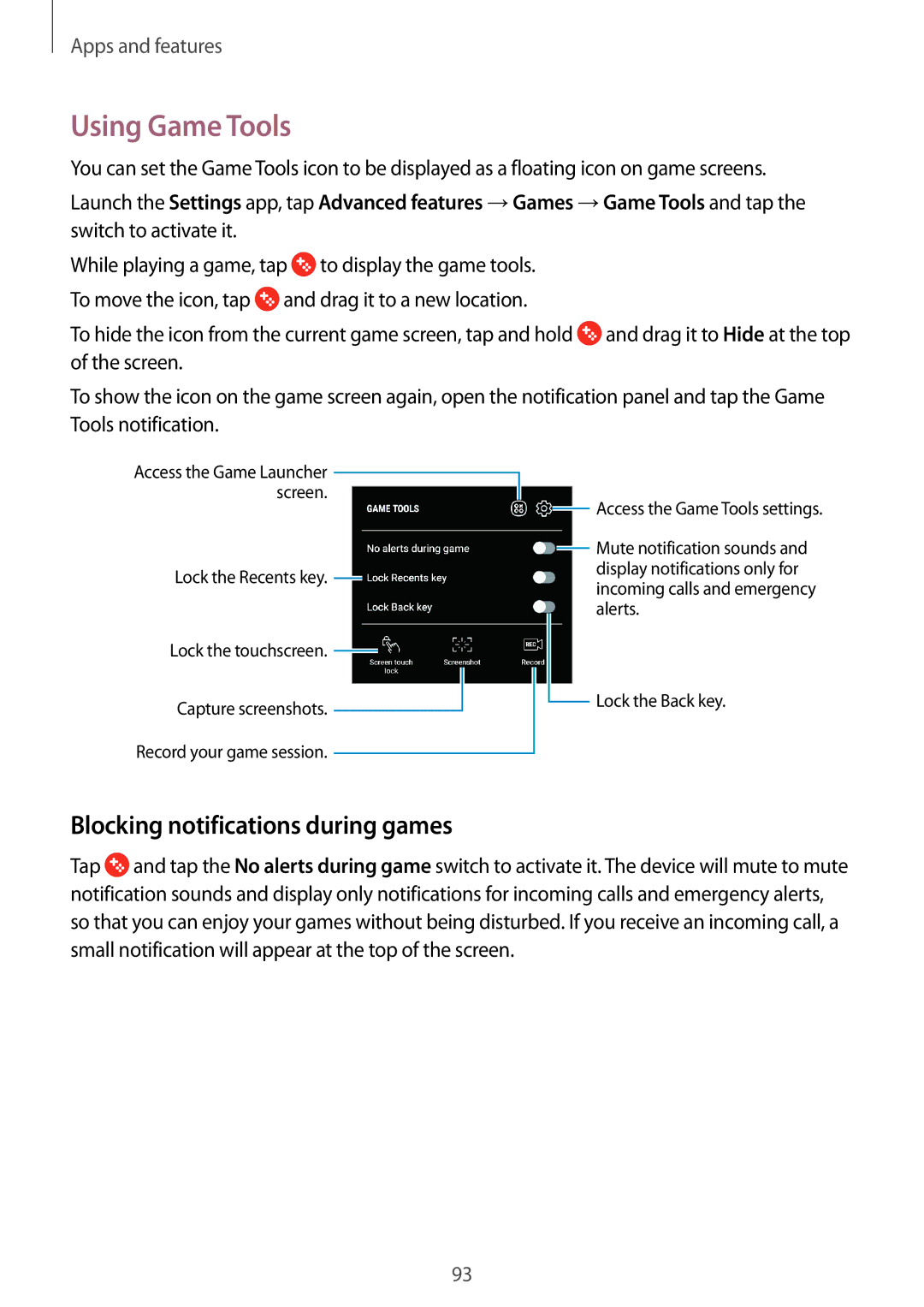 Samsung SM-J510FZWNPRT, SM-J510FZKNOPT, SM-J510FZDNMEO, SM-J510FZDNATO Using Game Tools, Blocking notifications during games 