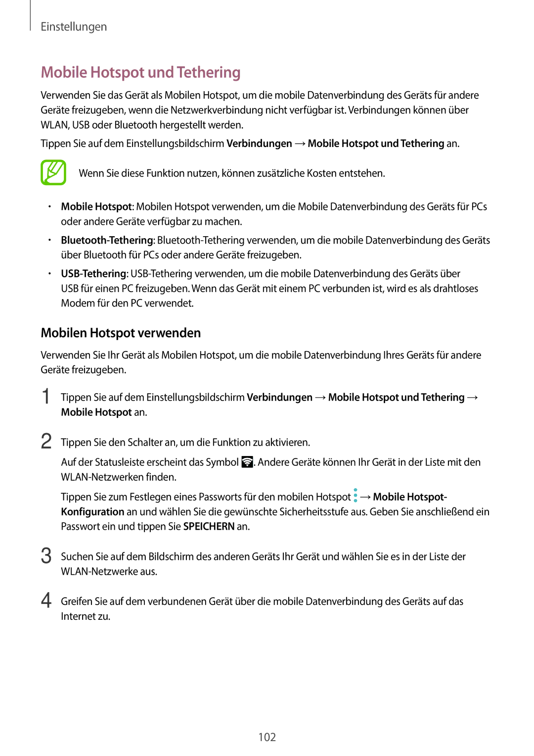 Samsung SM-J510FZDNEUR, SM-J510FZKNOPT, SM-J510FZDNMEO manual Mobile Hotspot und Tethering, Mobilen Hotspot verwenden 