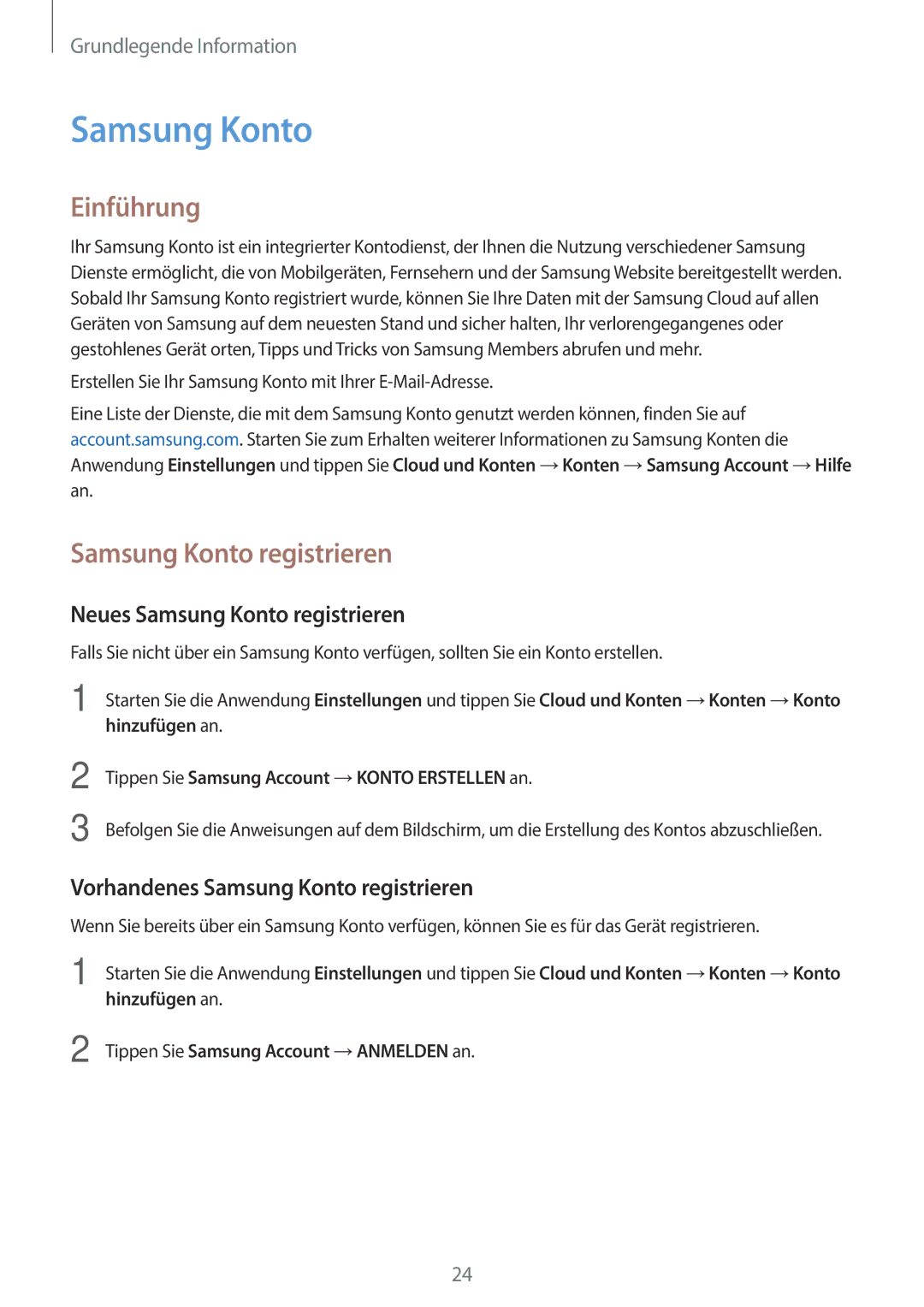 Samsung SM-J510FZWNMEO manual Einführung, Neues Samsung Konto registrieren, Vorhandenes Samsung Konto registrieren 