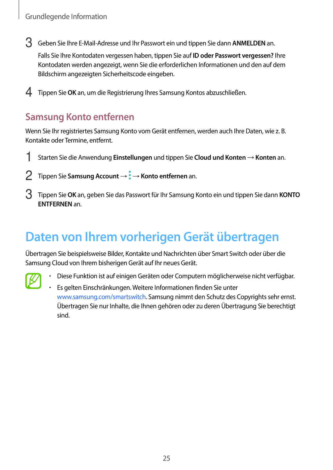 Samsung SM-J510FZWNEUR, SM-J510FZKNOPT, SM-J510FZDNMEO Daten von Ihrem vorherigen Gerät übertragen, Samsung Konto entfernen 