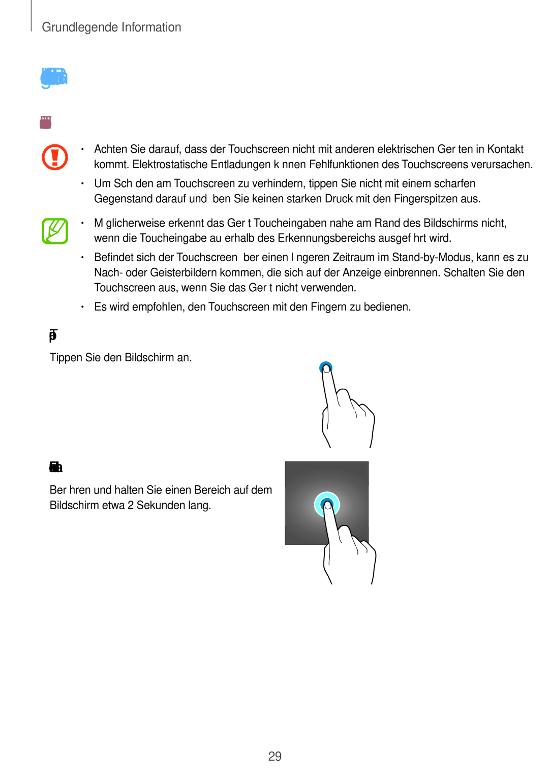 Samsung SM-J510FZDNCOS manual Grundlegende Informationen zum Bildschirm, Touchscreen bedienen, Tippen, Berühren und halten 