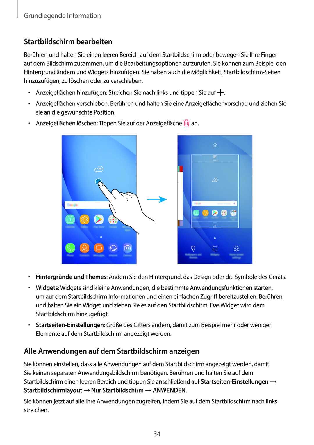 Samsung SM-J510FZDNMEO, SM-J510FZKNOPT manual Startbildschirm bearbeiten, Alle Anwendungen auf dem Startbildschirm anzeigen 