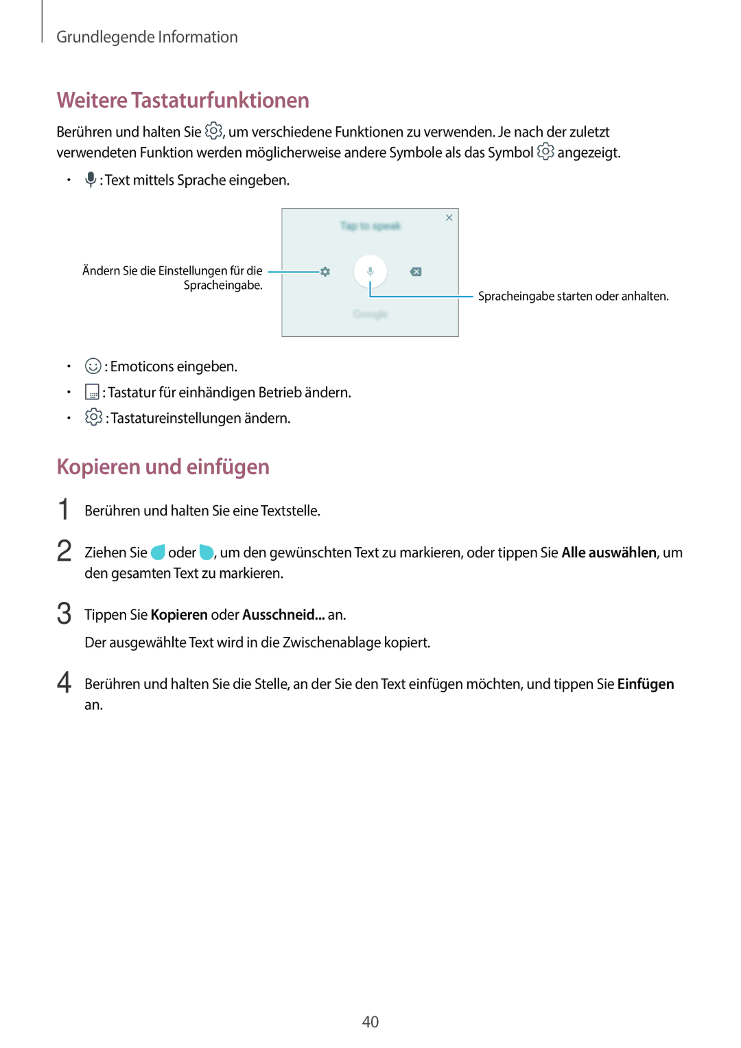 Samsung SM-J510FZKNCOS manual Weitere Tastaturfunktionen, Kopieren und einfügen, Tippen Sie Kopieren oder Ausschneid... an 