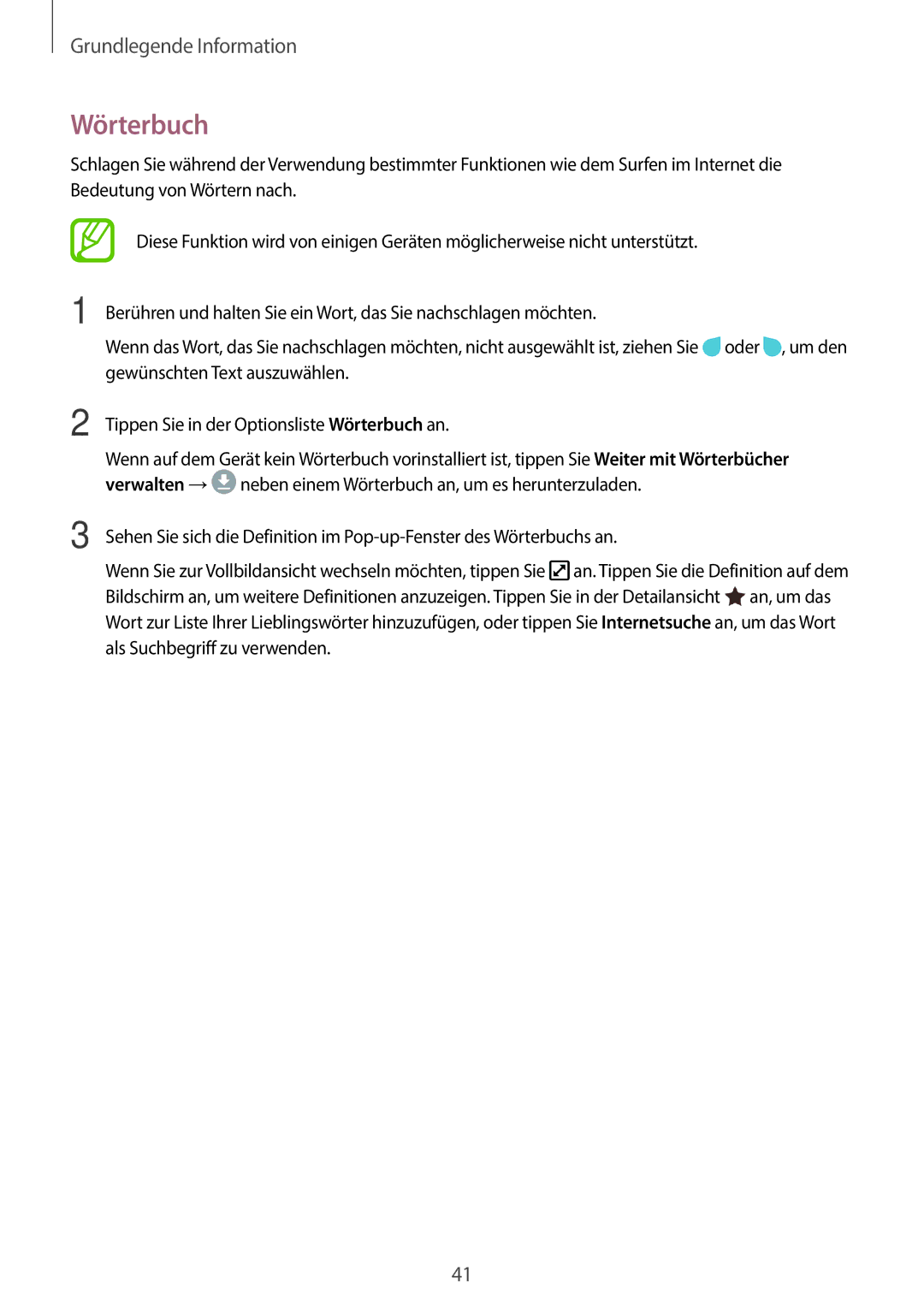 Samsung SM-J510FZDNOPT, SM-J510FZKNOPT, SM-J510FZDNMEO, SM-J510FZDNATO, SM-J510FZDNEUR, SM-J510FZDNVGR manual Wörterbuch 