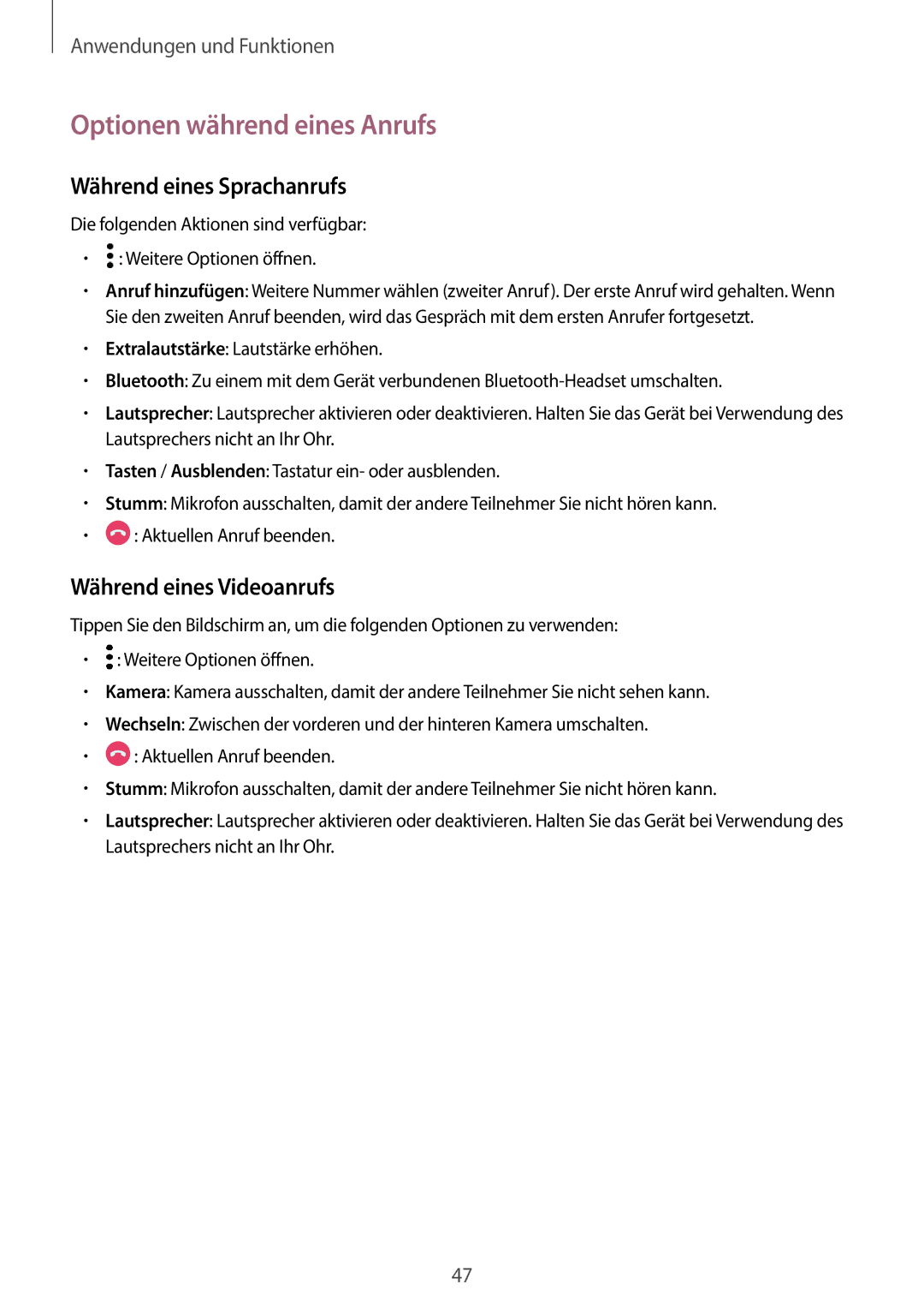 Samsung SM-J510FZKUDBT manual Optionen während eines Anrufs, Während eines Sprachanrufs, Während eines Videoanrufs 