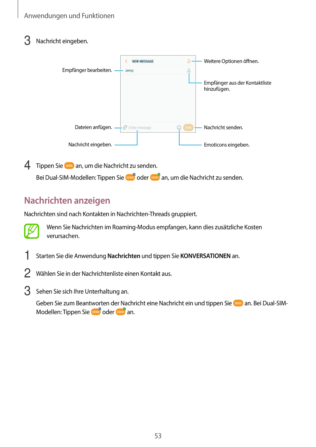 Samsung SM-J510FZKNVGR, SM-J510FZKNOPT, SM-J510FZDNMEO, SM-J510FZDNATO manual Nachrichten anzeigen, Nachricht eingeben 