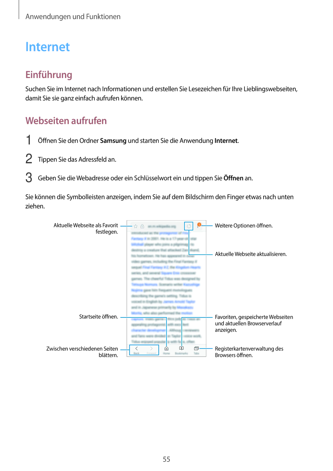 Samsung SM-J510FZDNDDE, SM-J510FZKNOPT, SM-J510FZDNMEO, SM-J510FZDNATO, SM-J510FZDNEUR manual Internet, Webseiten aufrufen 