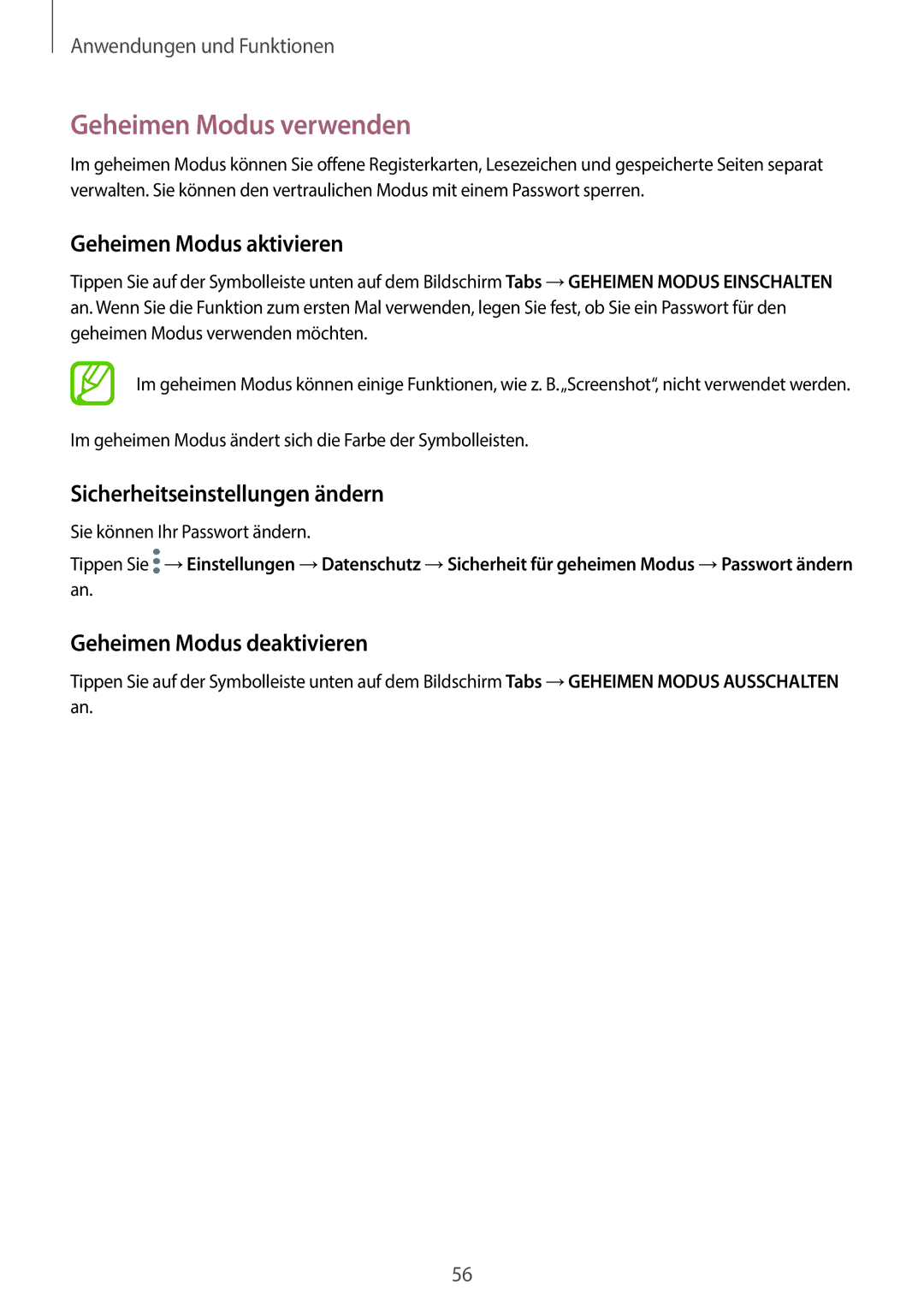 Samsung SM2J510FZKNDDE manual Geheimen Modus verwenden, Geheimen Modus aktivieren, Sicherheitseinstellungen ändern 