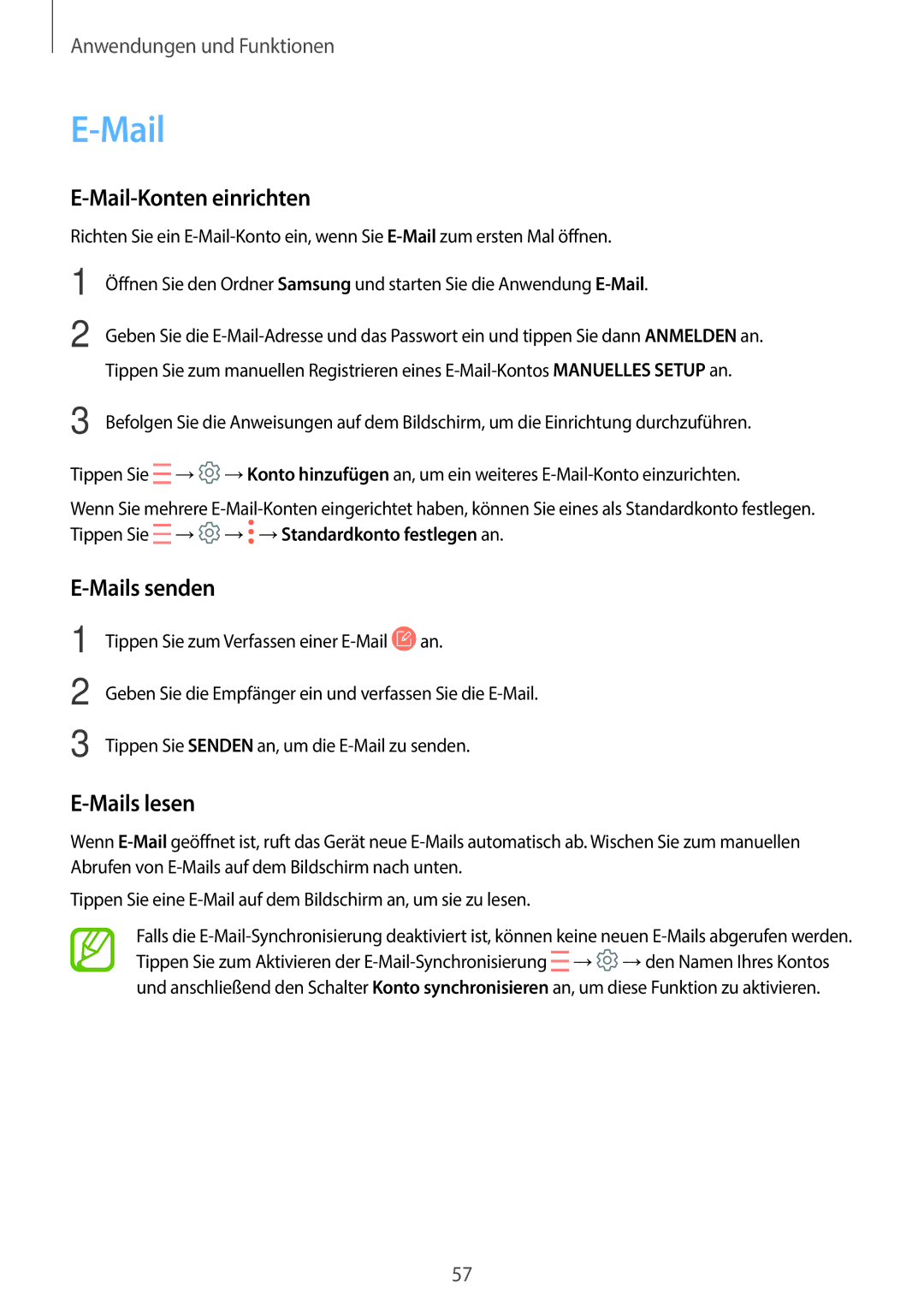 Samsung SM-J510FZWNMEO, SM-J510FZKNOPT, SM-J510FZDNMEO, SM-J510FZDNATO Mail-Konten einrichten, Mails senden, Mails lesen 