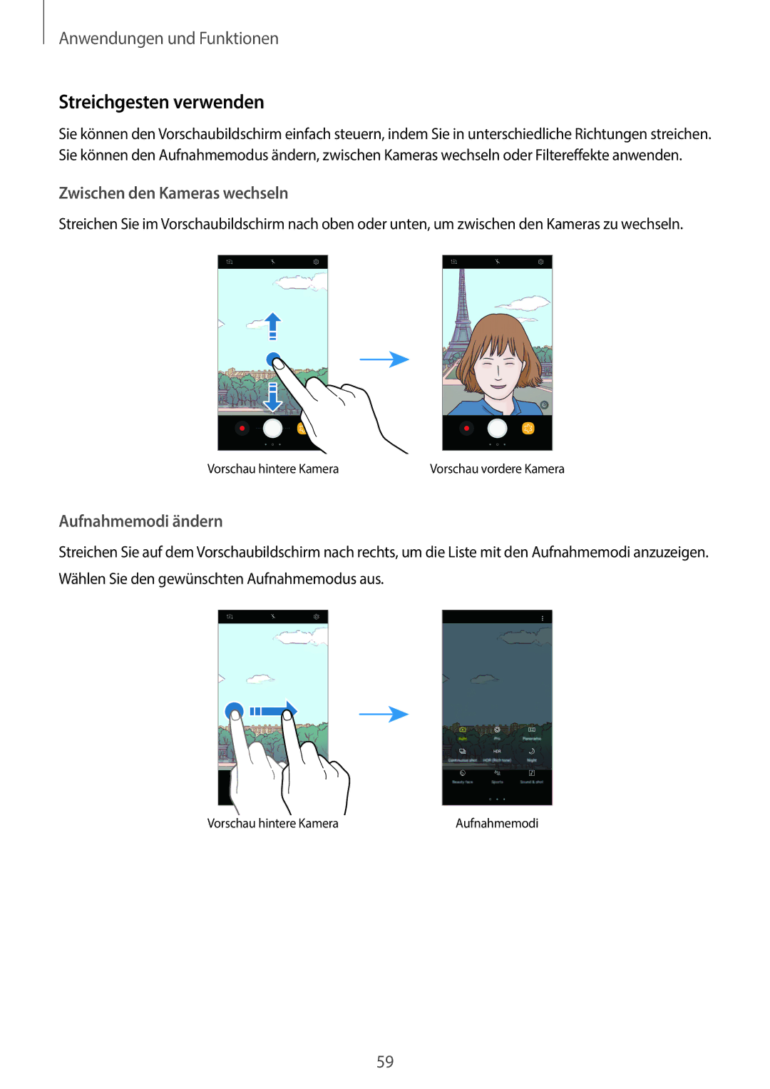 Samsung SM-J510FZKNTCL, SM-J510FZKNOPT, SM-J510FZDNMEO manual Streichgesten verwenden, Zwischen den Kameras wechseln 