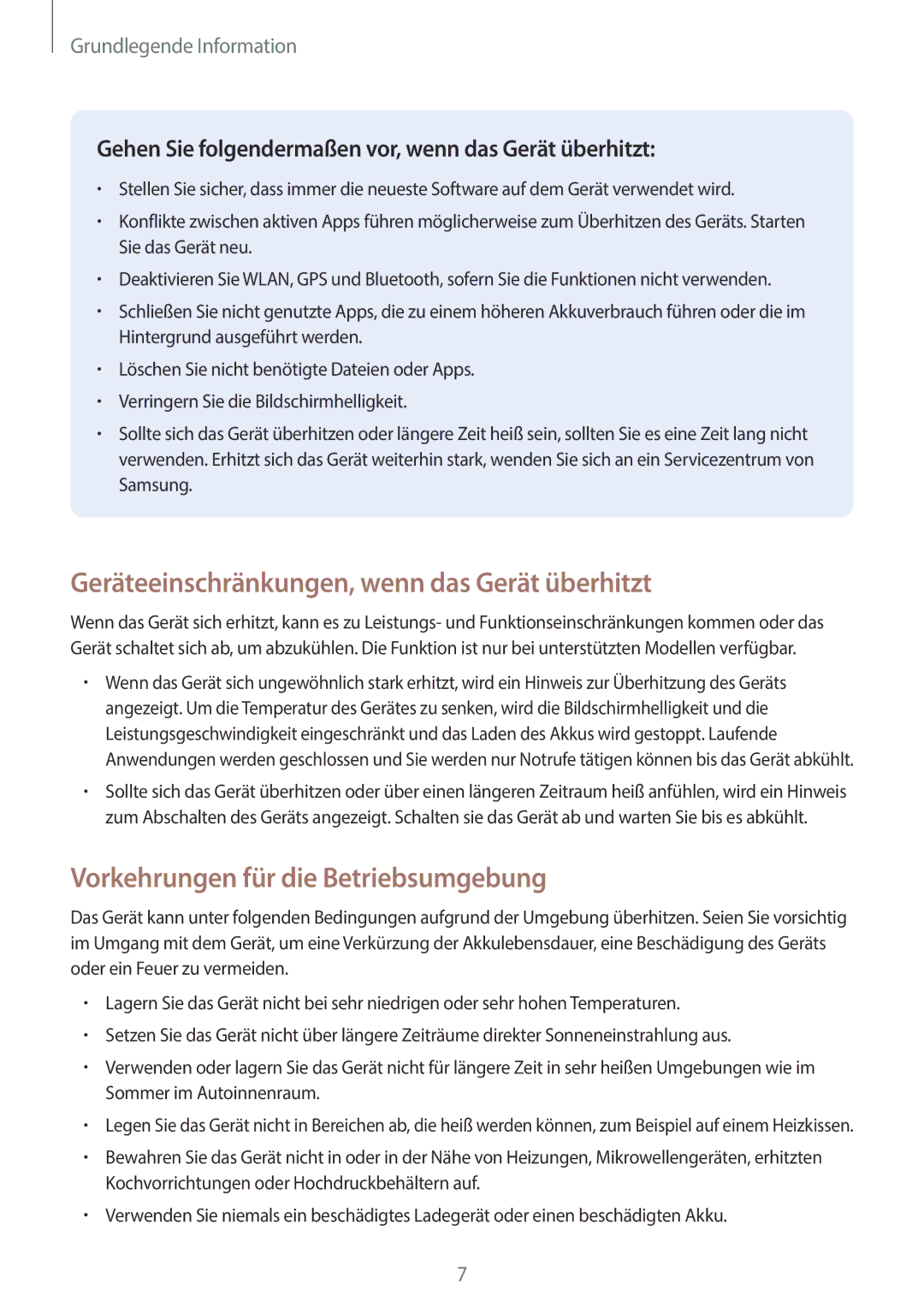 Samsung SM-J510FZKNCOS manual Geräteeinschränkungen, wenn das Gerät überhitzt, Vorkehrungen für die Betriebsumgebung 