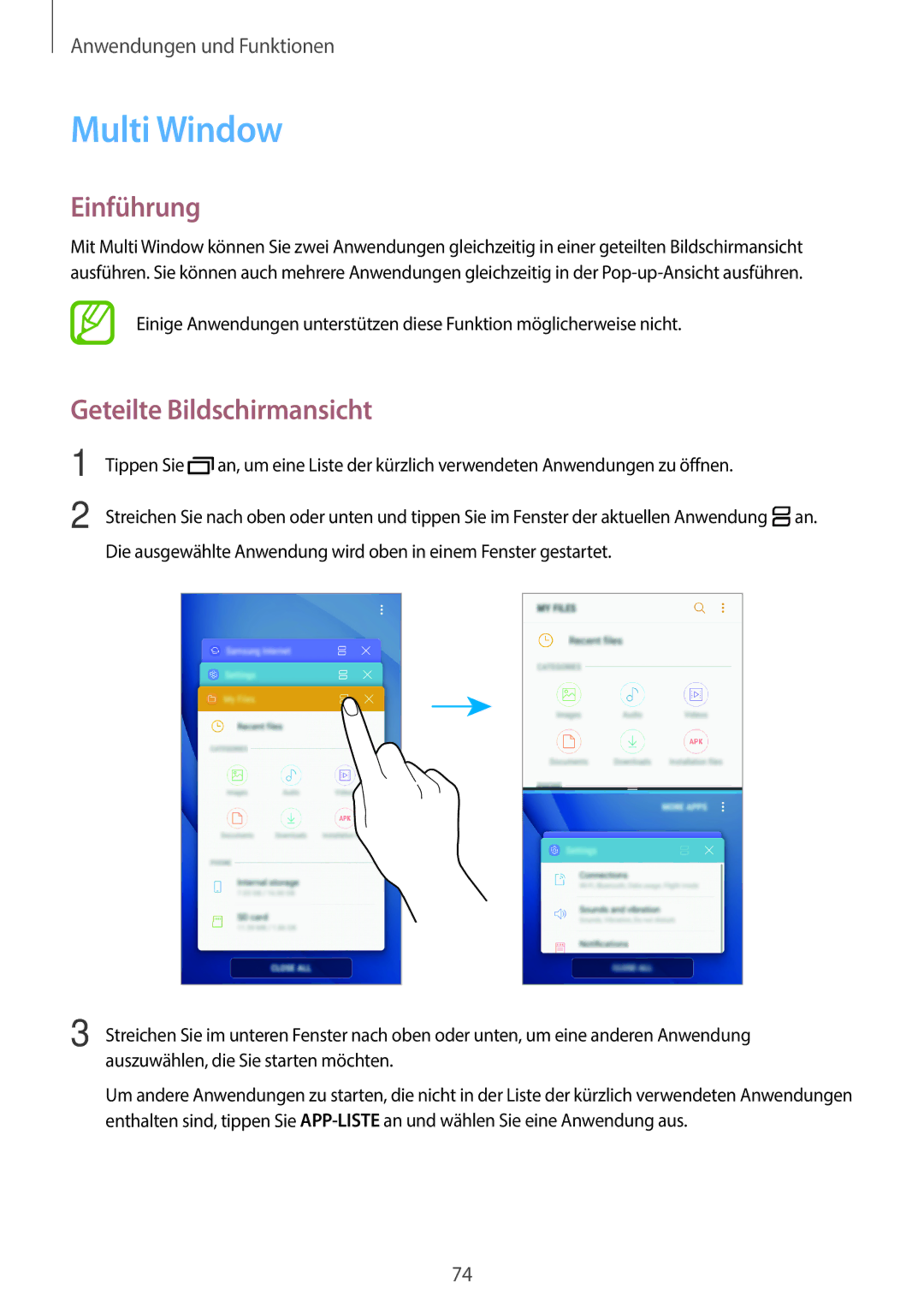 Samsung SM-J510FZDNOPT, SM-J510FZKNOPT, SM-J510FZDNMEO, SM-J510FZDNATO manual Multi Window, Geteilte Bildschirmansicht 