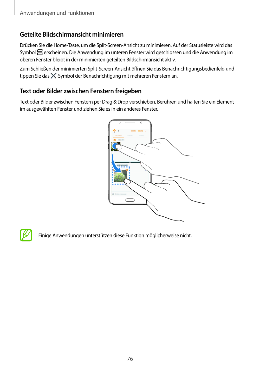 Samsung SM-J510FZKNATO, SM-J510FZKNOPT Geteilte Bildschirmansicht minimieren, Text oder Bilder zwischen Fenstern freigeben 