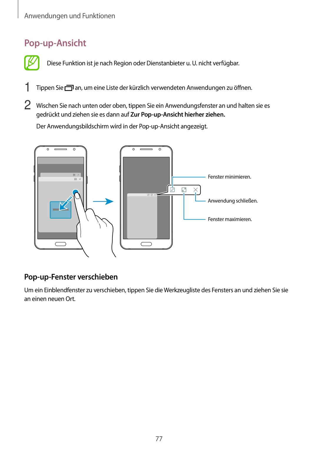 Samsung SM-J510FZKNXEO, SM-J510FZKNOPT, SM-J510FZDNMEO, SM-J510FZDNATO manual Pop-up-Ansicht, Pop-up-Fenster verschieben 