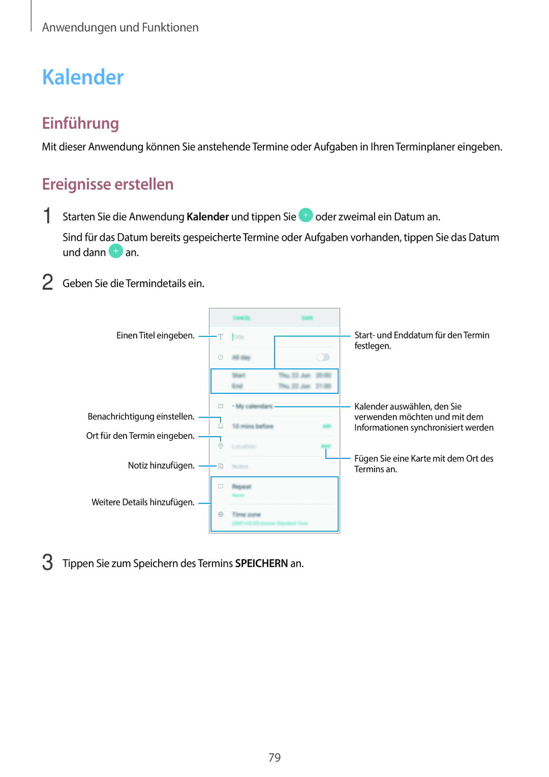 Samsung SM-J710FZKNDBT, SM-J510FZKNOPT, SM-J510FZDNMEO, SM-J510FZDNATO, SM-J510FZDNEUR manual Kalender, Ereignisse erstellen 