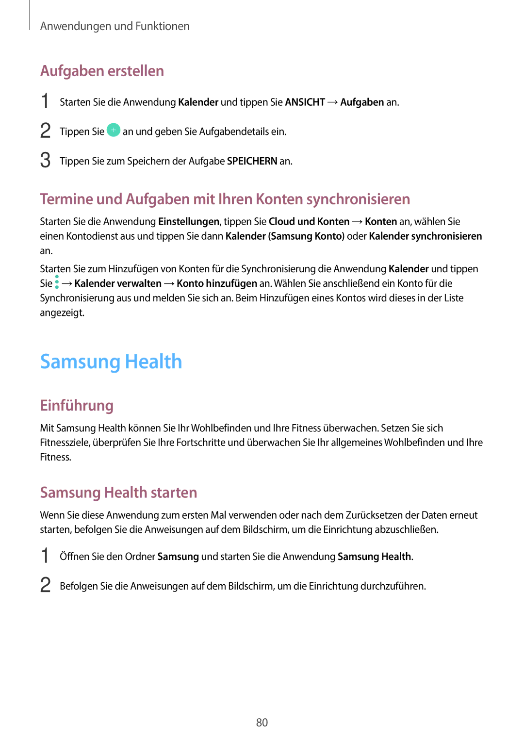 Samsung SM-J510FZKUDBT manual Samsung Health, Aufgaben erstellen, Termine und Aufgaben mit Ihren Konten synchronisieren 