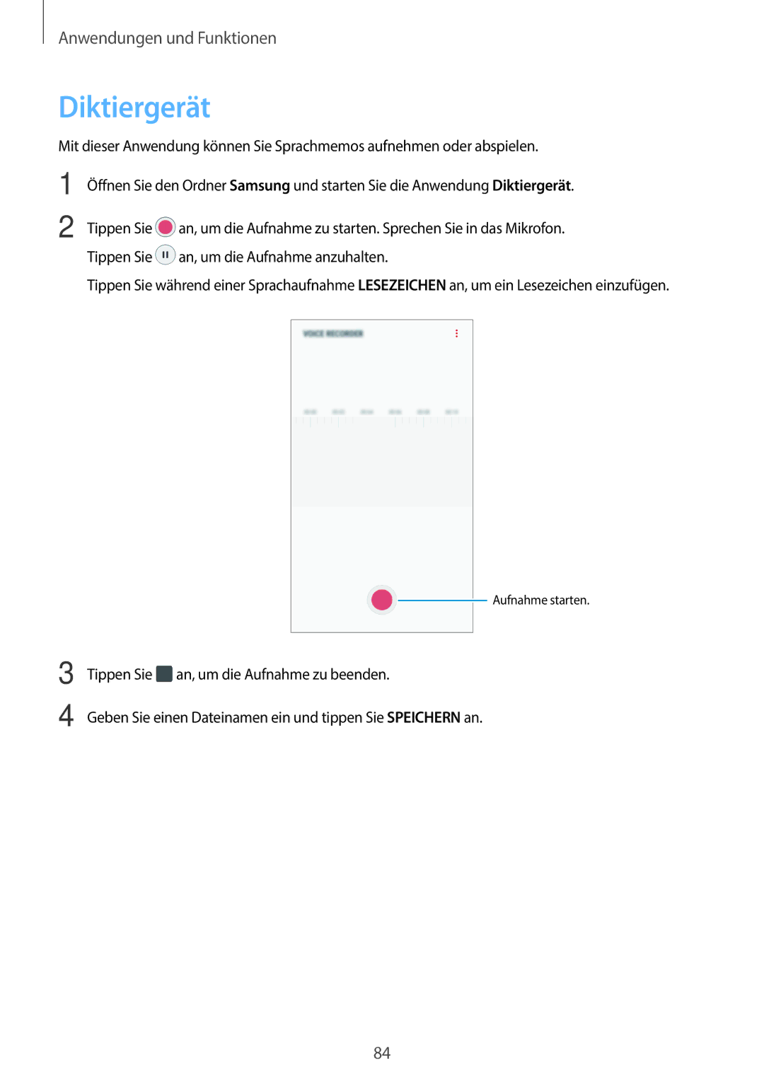 Samsung SM-J510FZWNCOS, SM-J510FZKNOPT, SM-J510FZDNMEO, SM-J510FZDNATO, SM-J510FZDNEUR, SM-J510FZDNVGR manual Diktiergerät 