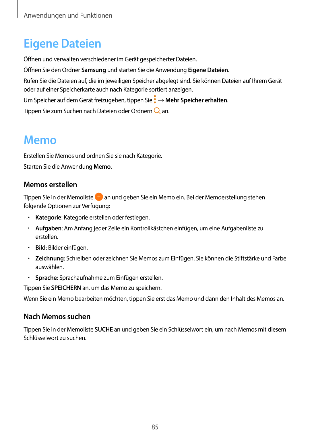 Samsung SM-J510FZKNVD2, SM-J510FZKNOPT, SM-J510FZDNMEO manual Eigene Dateien, Memos erstellen, Nach Memos suchen 
